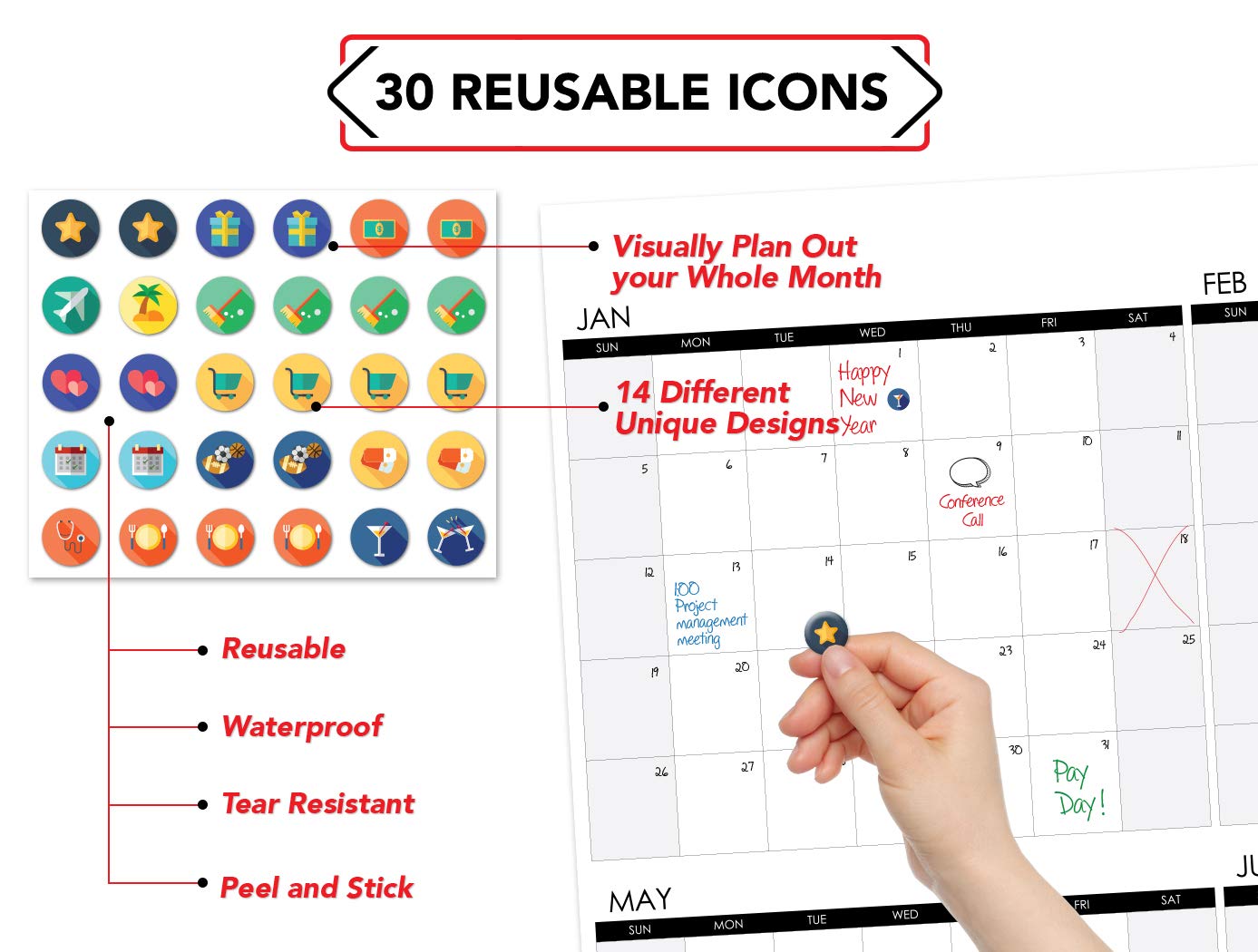 Large Dry Erase Wall Calendar 48" x 74" Undated Blank 2022 Reusable Yearly Calendar Giant