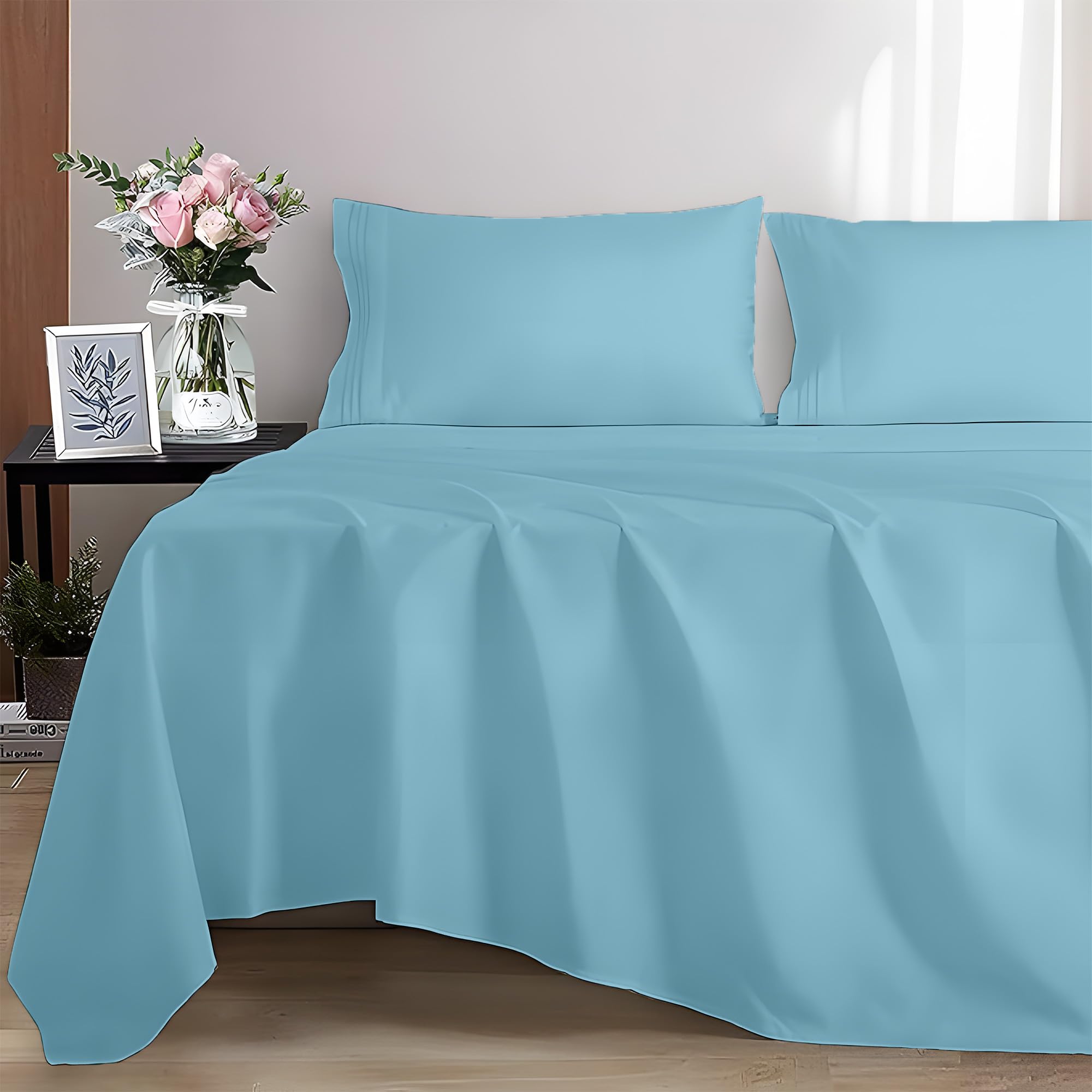EverSoft Bedding 100% Egyptian cotton Flat Sheet, 400 Thread Count Ultra-Soft Long Staple Top Bed Sheet, Luxury Hotel Quality (Sky-Blue, King)