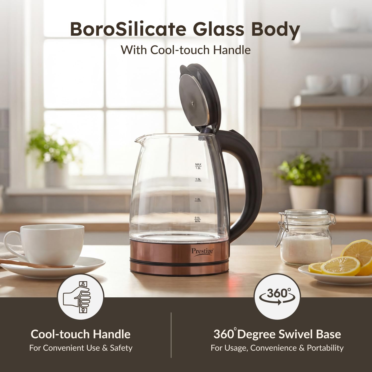 Prestige PKGB 1.8 Litre Electric Glass Kettle| LED Power Indicator| Borosilicate Glass| Automatic Power Cut-Off| Concealed Element| 360 Degree Swivel| Cool Touch Handle, 1350 Watts, Transparent 4