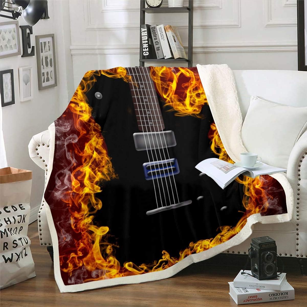 Loussiesd Coperta in pile per chitarra, per divano, divano, musica rock, a tema, sherpa, motivo musicale, coperta sfocata, decorazione da parete in mattoni bianchi, coperta in peluche, singola 127 x