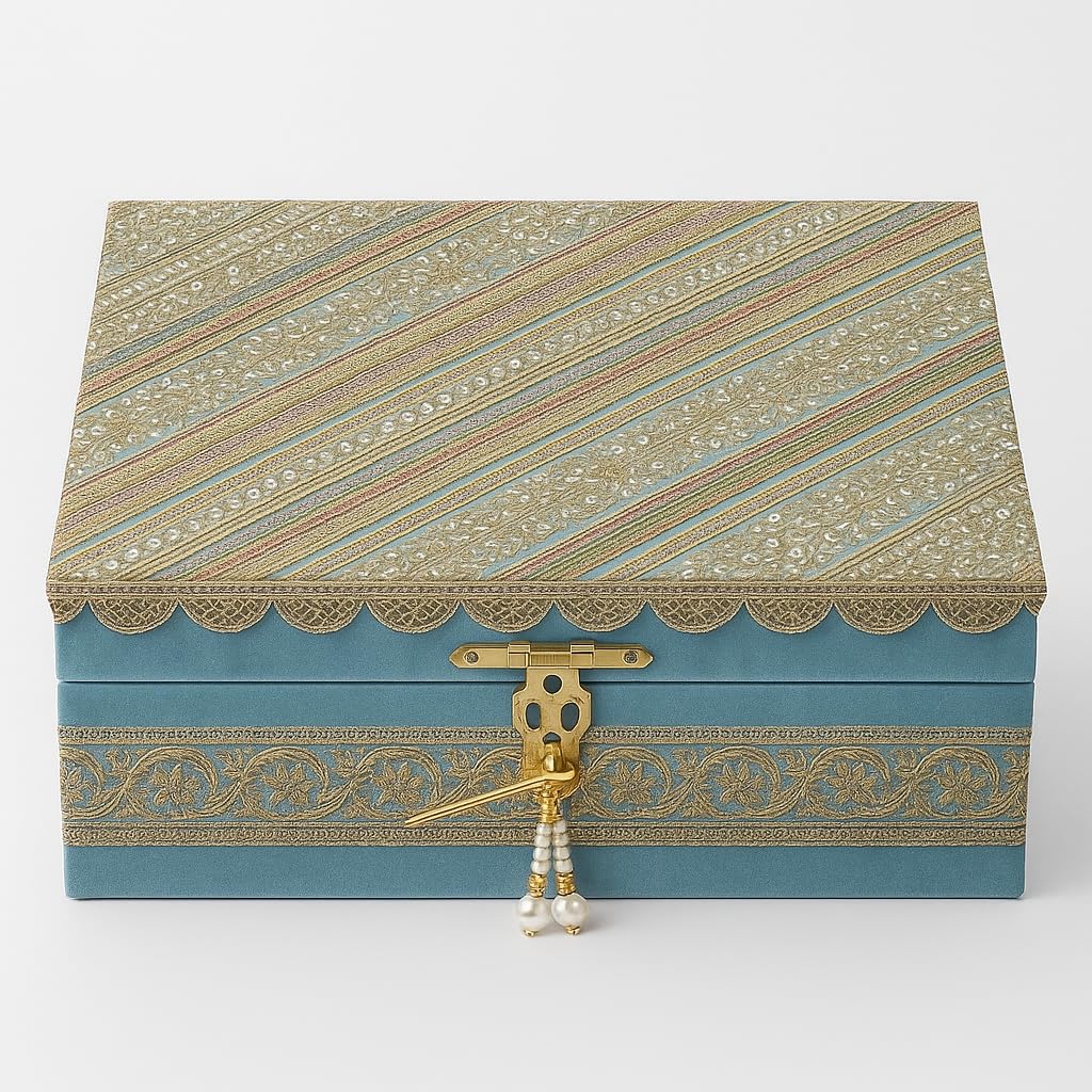 Light blue Handcrafted intricate lace work MDF Gift Box with Velvet Lining | Unique Handmade Design | Premium Hamper & Storage Box | 18 x 12 x 7 Inches-image-31