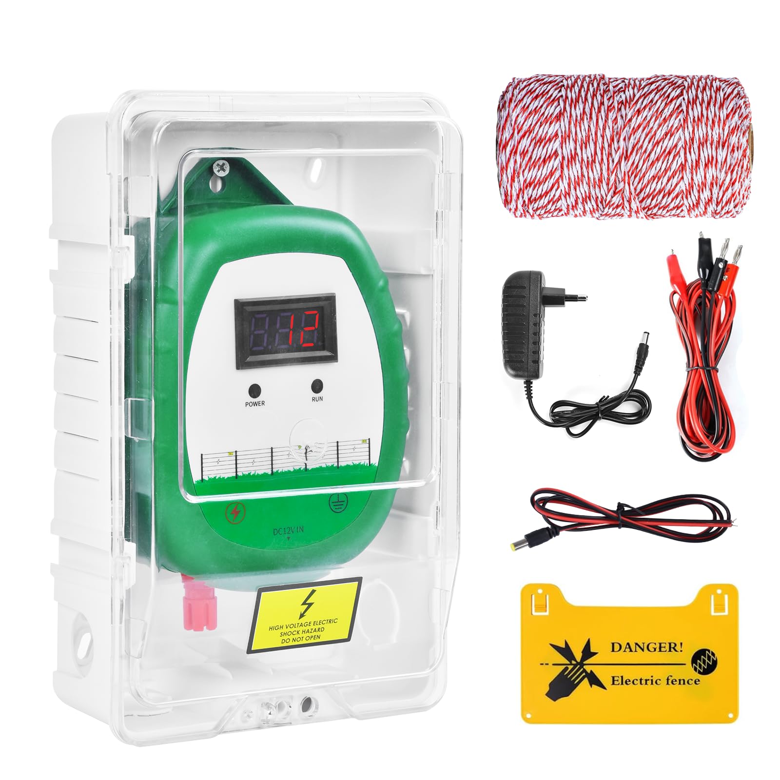 Pastor Eléctrico de 10 km Cercas Eléctrica Kit : 1x Electrificadores + 1x hilo canductores 200 m 2,2 mm² + 1x Estuche impermeable - Cerca Valla Eléctrica para Ganado, Caballos, Aves, Pastor (Verde)