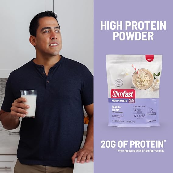 SlimFast High Protein Meal Replacement Powder, 26 Servings, Advanced Nutrition Smoothie Mix with Vitamin and Mineral Blend, Gluten Free, Vanilla Cream, 1.53 Pounds