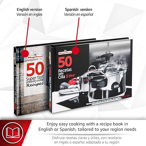 Miniatura 5 de Magefesa Star Exclusivo juego de olla a presión de 4.2 cuartos de galón, incluye cesta de vapor y libro de recetas, acero inoxidable 1810, inducción