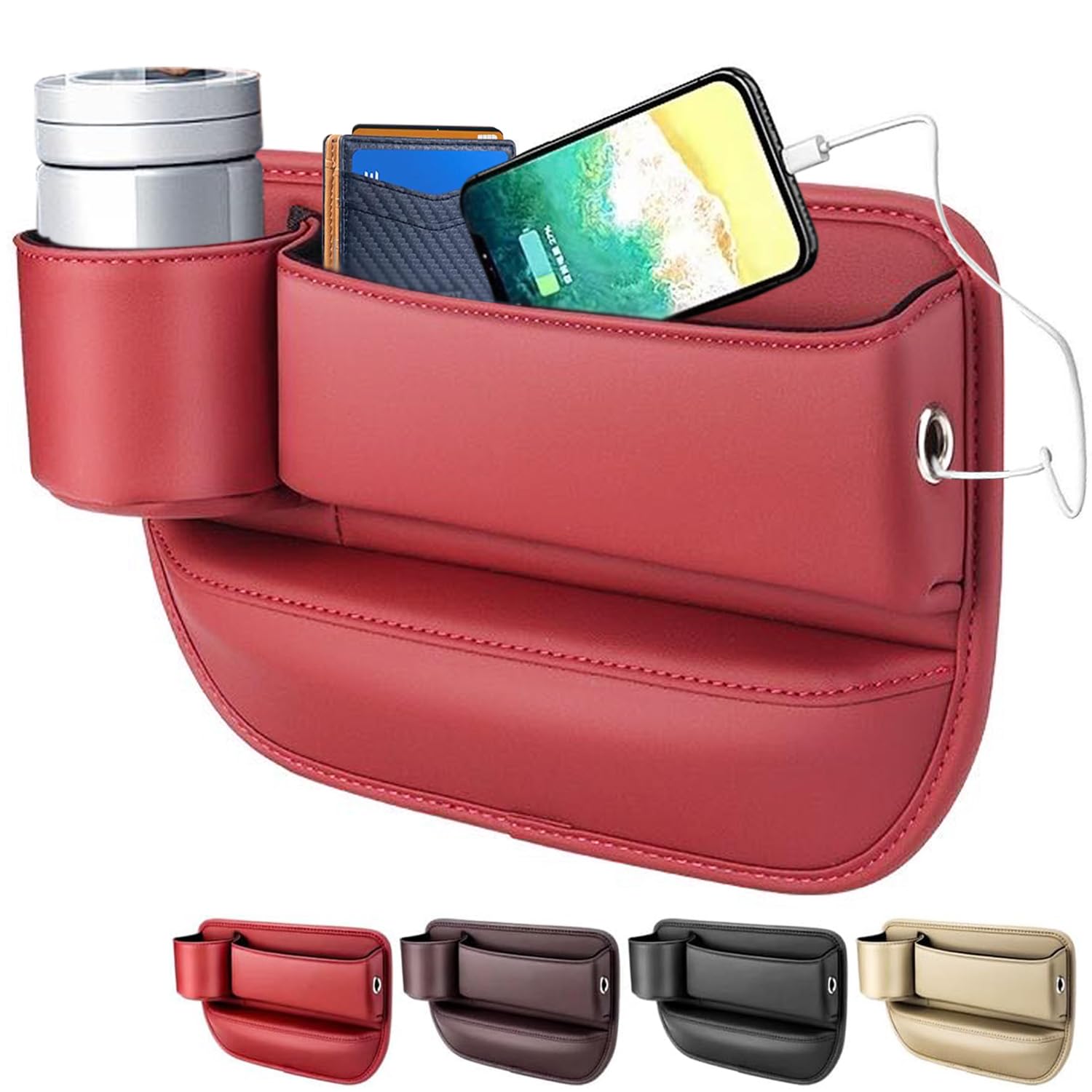 Car Seat Gap Filler - Universal Seat Gap Organizer with Storage Box and Cup Holders,for Phones Glasses Keys Cards (Wine Red, Driver Side)