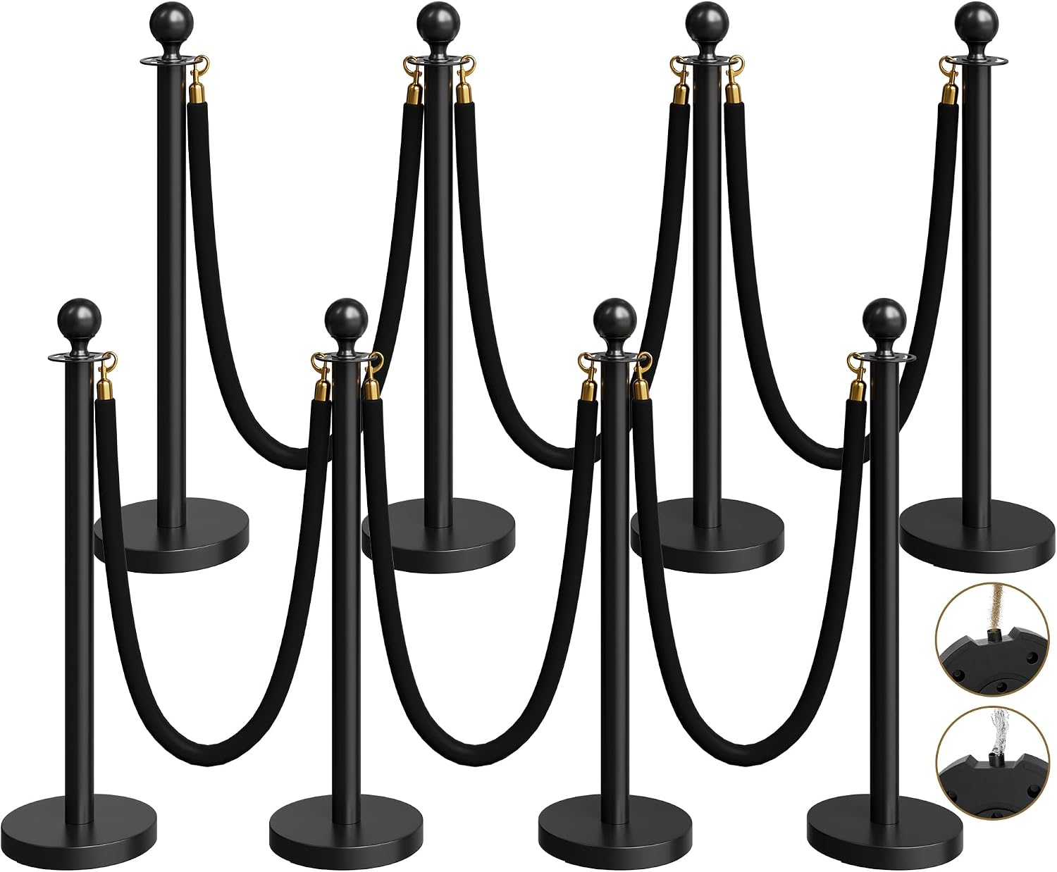 8 Pack Black Stanchions and Velvet Ropes Set, Stainless Steel Crowd Control Barriers, 6Pcs Black Ropes and Poles for Party Supplies,Photobooth Accessories, Prom,Birthday,Business,Wedding, Museums