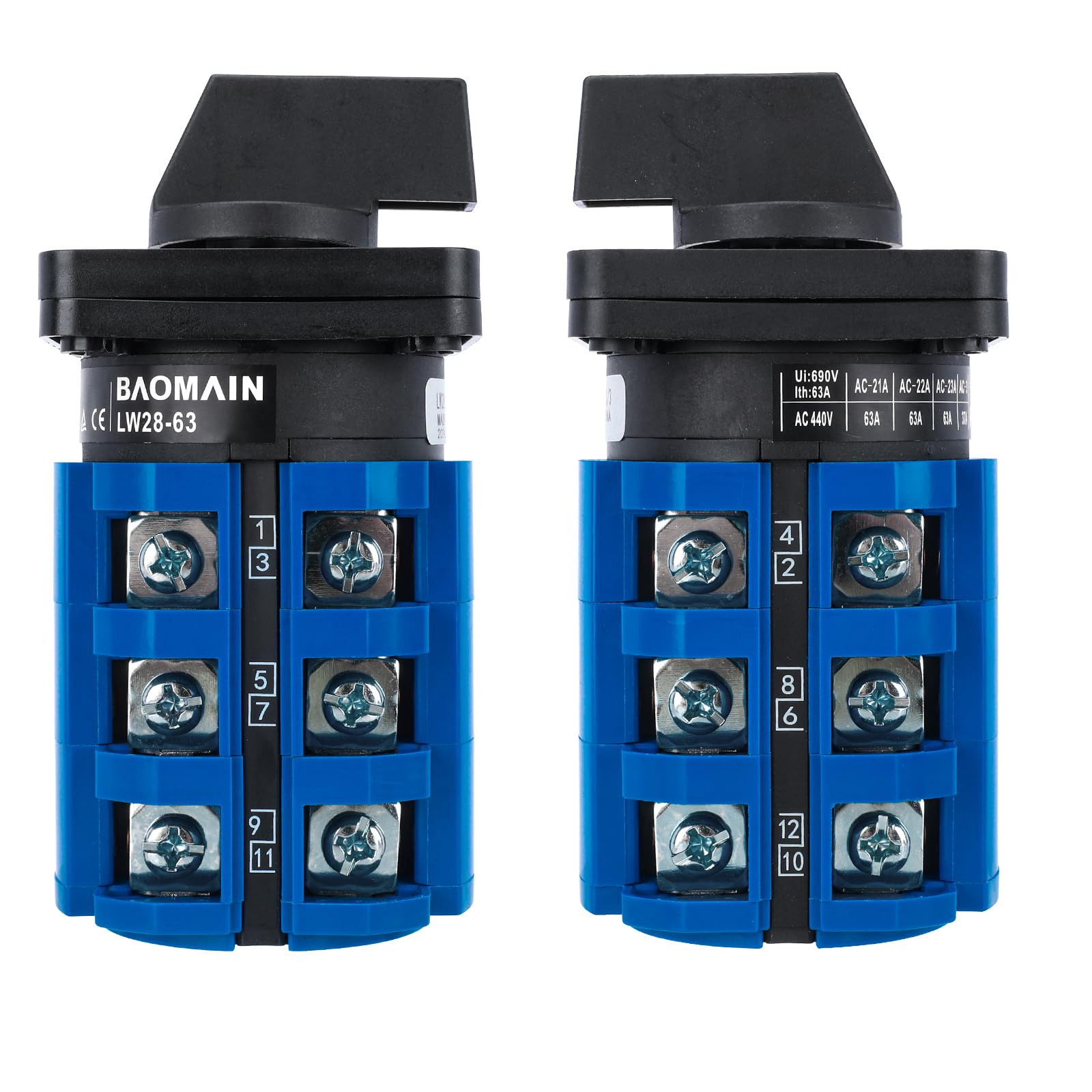 BAOMAIN Interruttore Rotante Universale, ON-OFF-ON, 690V 63A 3 Posizioni 3 Fasi, Approvazioni CE, LW28-63/D303.3