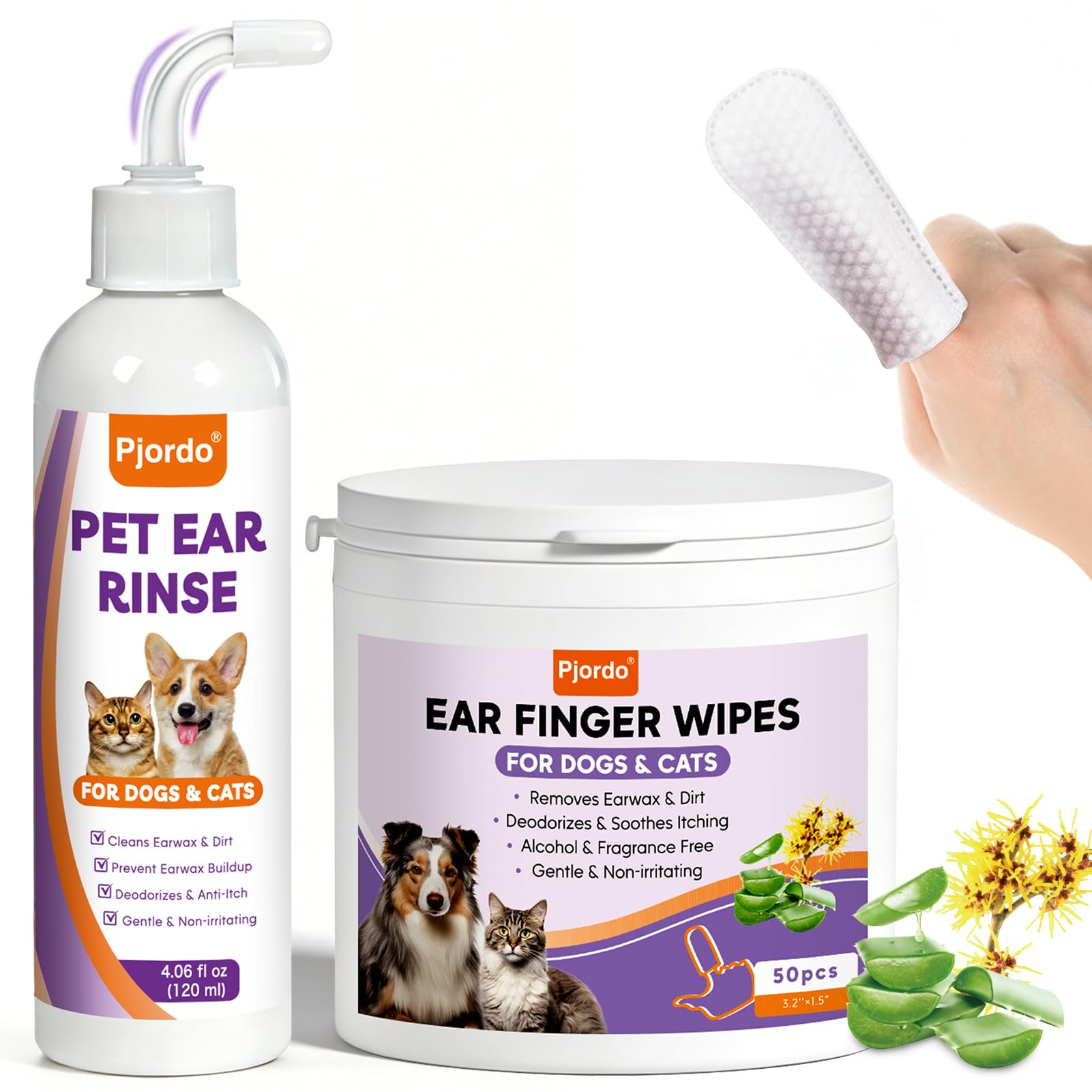 Dog Ear Cleaner Kit - Dog Ear Wash with Aloe Vera & Witch Hazel, Dog Ear Finger Wipes & Ear Cleaner Solution for Dogs and Cats, Gently Remove Ear Wax & Debris, Soothe Ear Itching, Deodorize