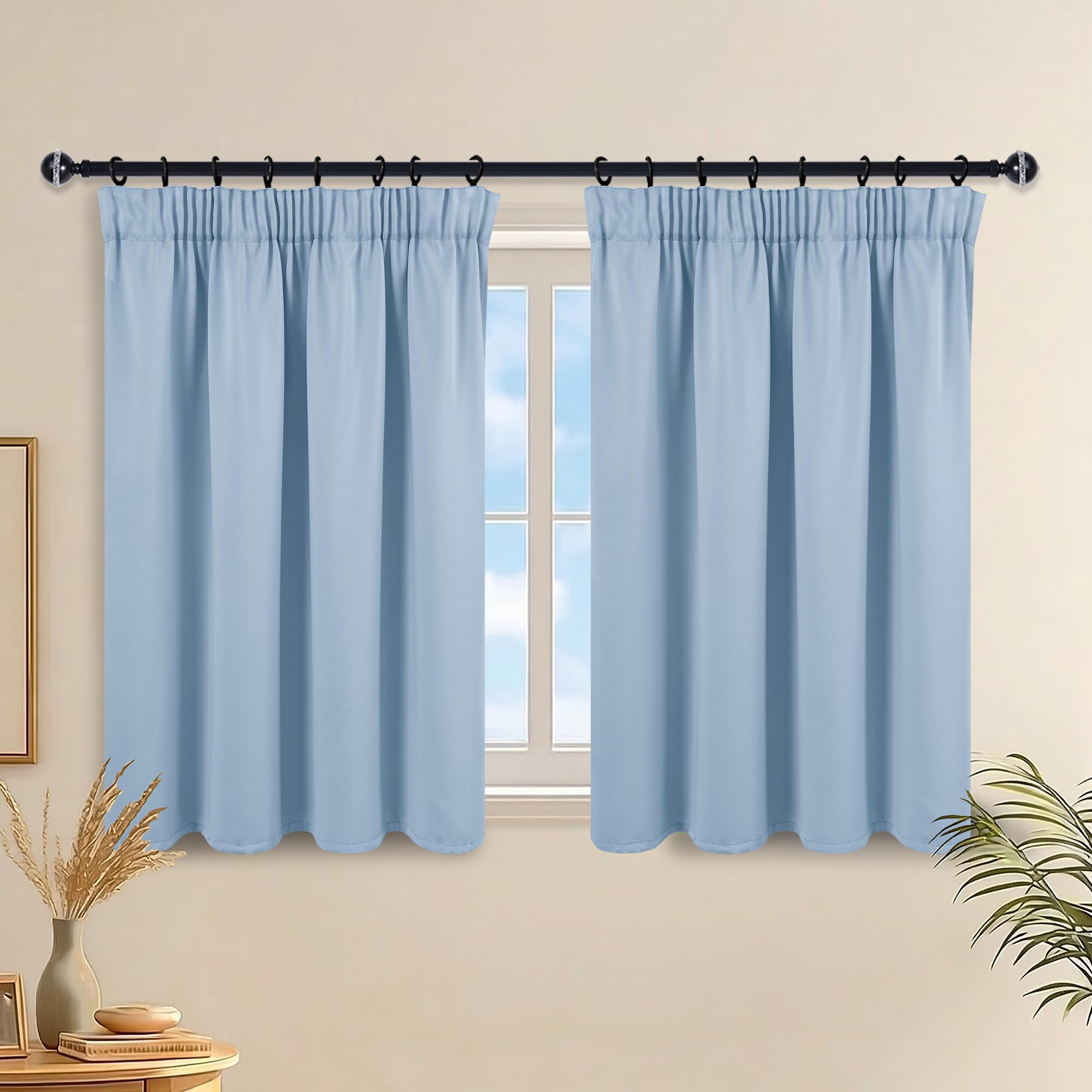 DWCN Pencil Pleat Thermal Blackout Curtains Light Blue Drapes W36XL40 Inch-Light Blocking Window Treatments Decoration for Bedroom, Basements, Caravan, Kitchen, Elegant Short Valance Panels 2 Panels — image 1