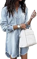 ZILCREMO Women's Long Sleeve Denim Shirt Dress - Distressed Button Down Jean Dress Casual Tunic Top