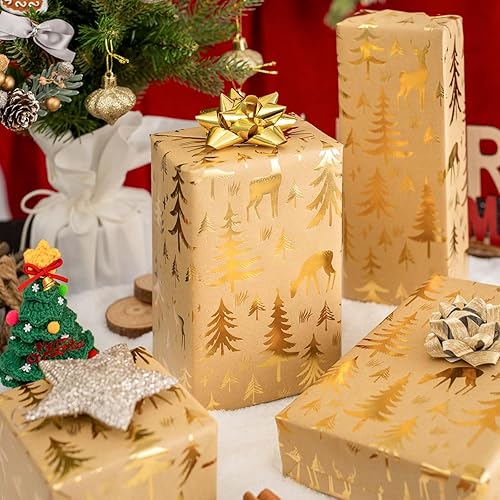 Miniatura 48 de Yarcony Papel kraft de regalo de Navidad, papel de regalo negro, árboles de Navidad de lujo, renos, copos de nieve, papel de estraza resistente