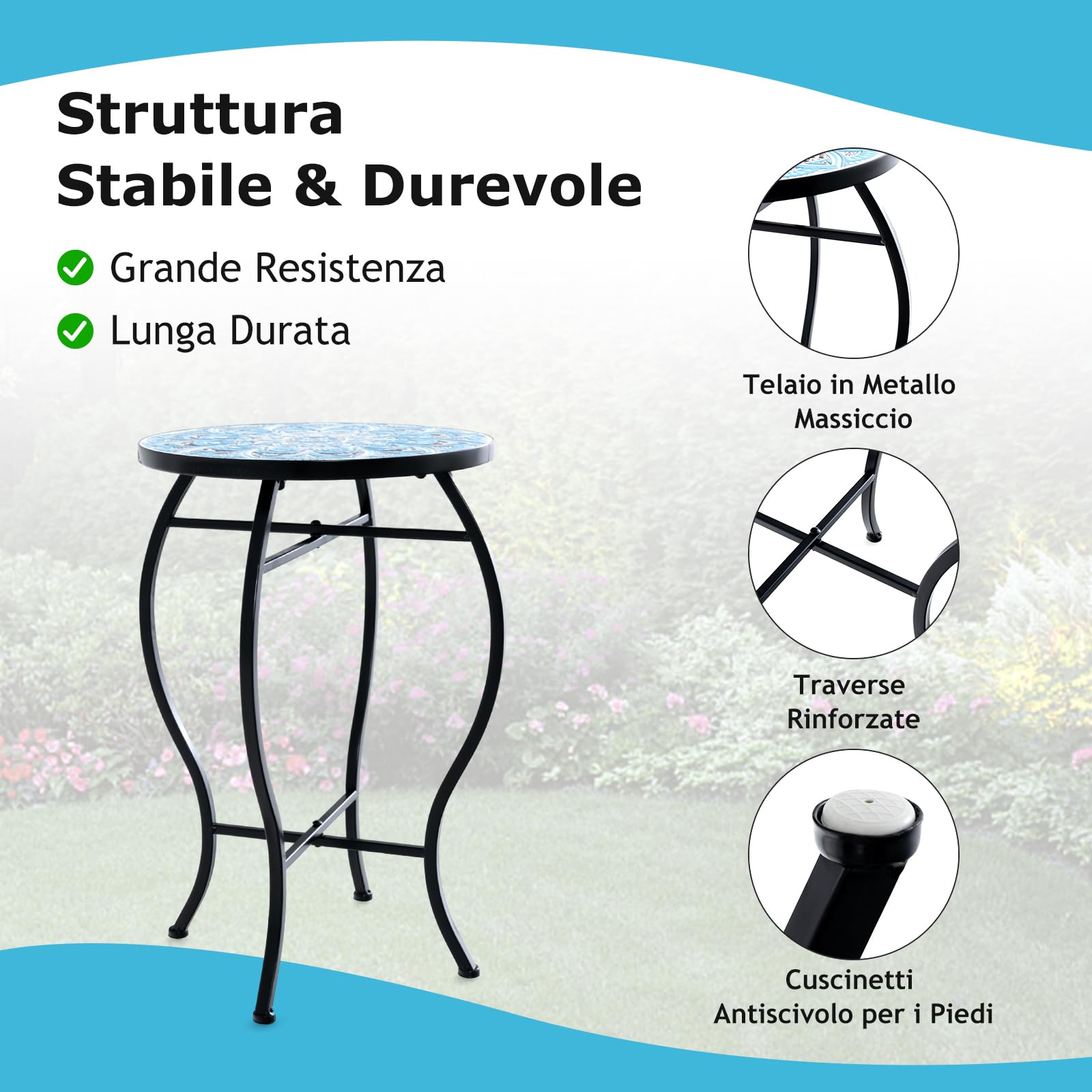 GYMAX Tavolino da Giardino Mosaico in Metallo, Tavolino da Esterno Rotondo, Sgabello per Fiori in Ceramica per Giardino, Balcone, Cortile e Bar, ∅35 x 54,5 cm