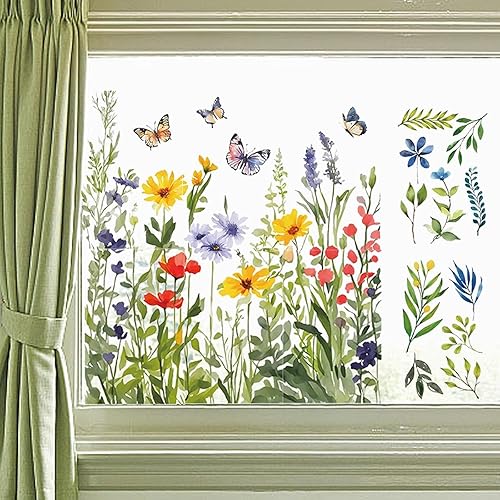9 hojas de hojas verdes, flores silvestres, arbustos de ventana, calcomanías estáticas extraíbles para ventana para el hogar, cocina, sala de estar,