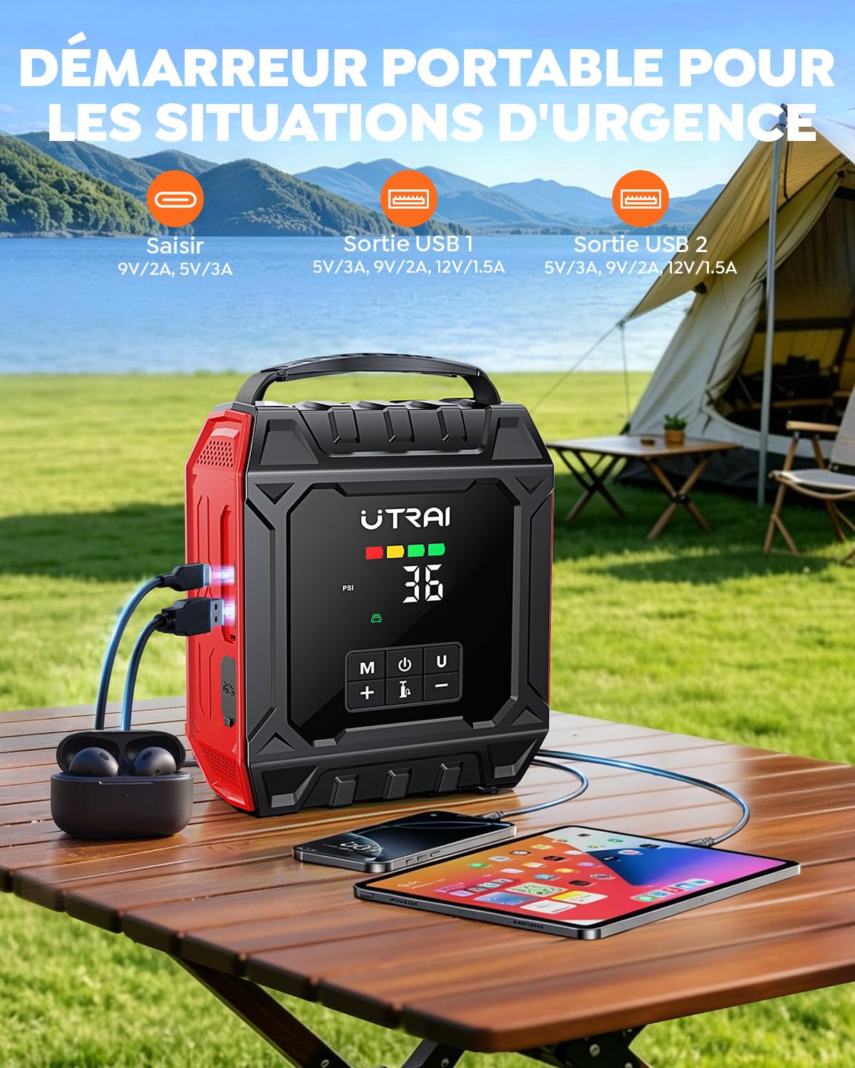 8000A Booster Batterie Voiture avec Compresseur (Tout Essence & 10L Diesel) | UTRAI 160PSI Démarreur Batterie Voiture avec Lampe Magnétique 1000 Lumens, 12V Jump Starter avec Gonfleur Pneus Voiture