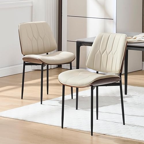 BV Mid Century Modern - Juego de 2 sillas de comedor  Silla retro de piel sintética con asiento de madera curvada de nogal