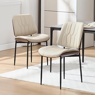 BV Mid Century Modern Dining Chairs Set of 2, Upholstered Pu Leather Accent Chair with Walnut Bentwood Back, Armless Kitchen Chair for Dining Room, Living Room, Kitchen, Beige