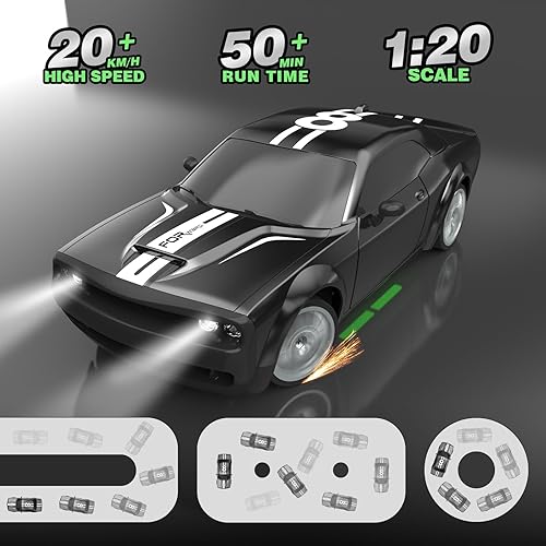 Miniatura 2 de Coche de control remoto RC Drift Car 2.4GHz escala 120 4WD 20KMH de alta velocidad con luces LED, neumático de deriva, 2 unidades, baterías