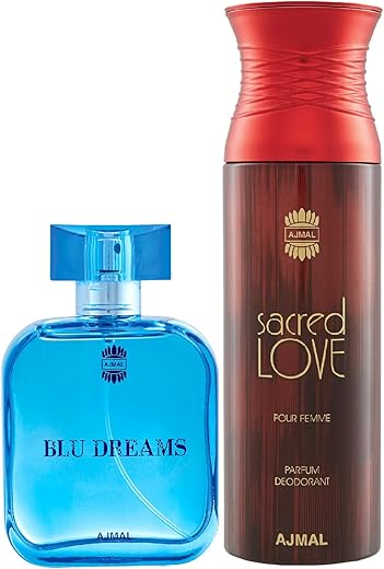 Ajmal Blu Dreams EDP Citurs Fruity Perfume 100ml for Men and Sacred Love Deodorant Floral Musky Fragrance 200ml for Women+ 2 Parfum Testers FREE
