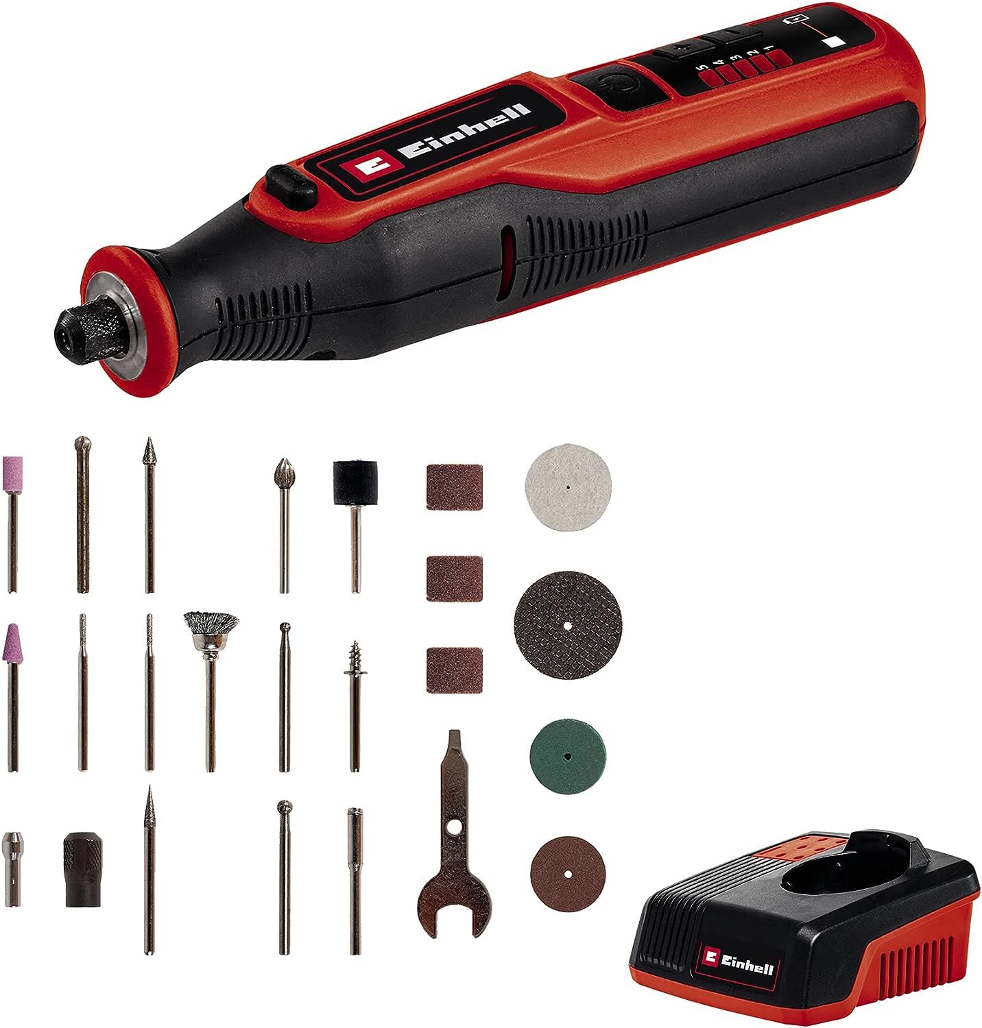 Einhell Akku-Schleif-/Gravur-Werkzeug TE-MT 7,2 Li (Lithium-Ionen, 7,2 V-Akku, Drehzahlelektronik, Arretierknopf, LED-Leuchtring, inkl. Ladestation, 57-tlg. Zubehörset + Box)