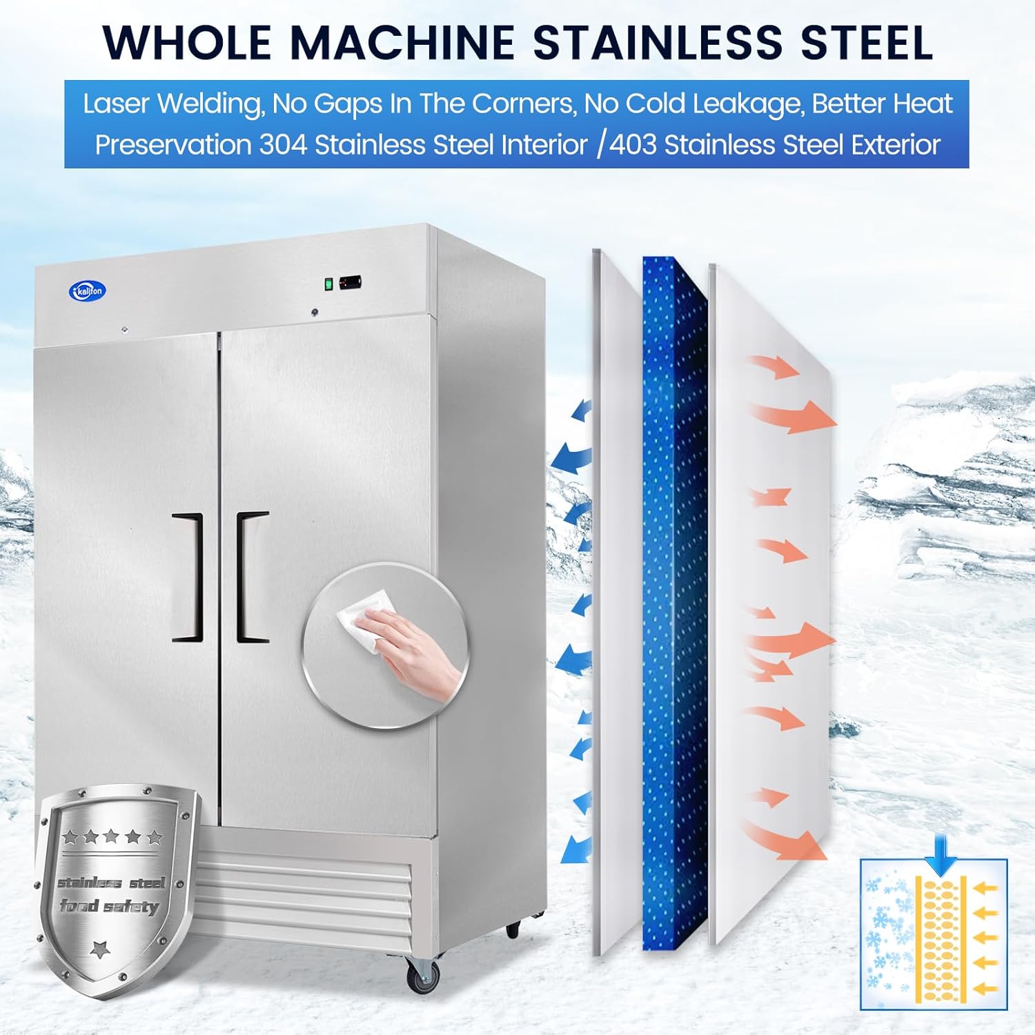 54" Commercial Refrigerator with 2 Solid Doors&8 Shelves, 49 Cu.ft Reach-in Stainless Steel Refrigerator, Fan Cooling Refrigerator for Restaurant, Bar, Home, Shop, and Business