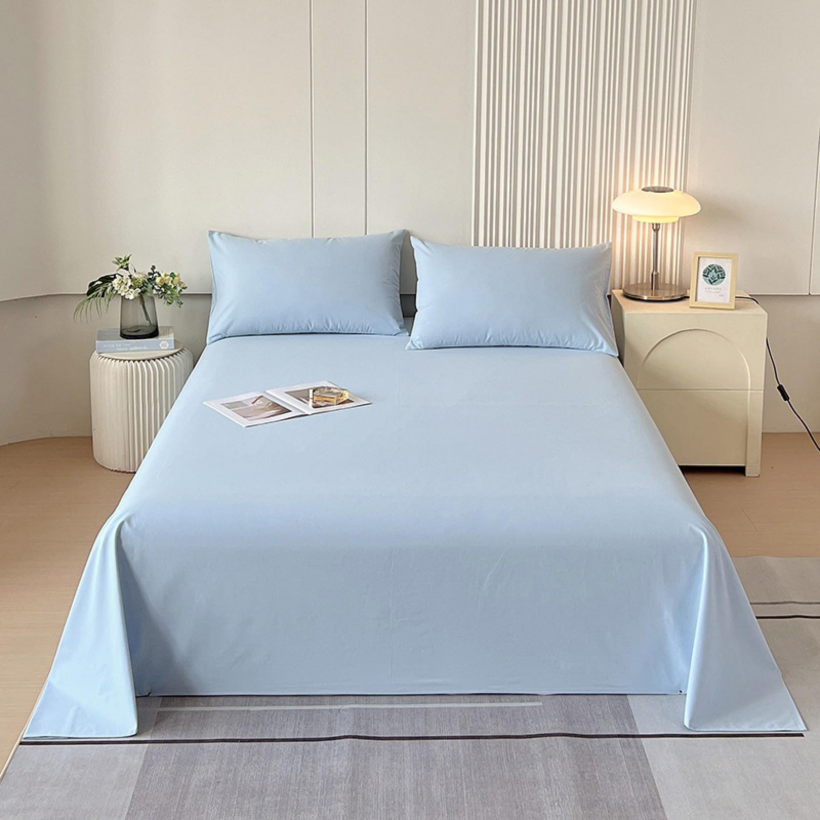 Drap plat 2 personnes bleu clair en coton égyptien de qualité hôtelière 245x270cm