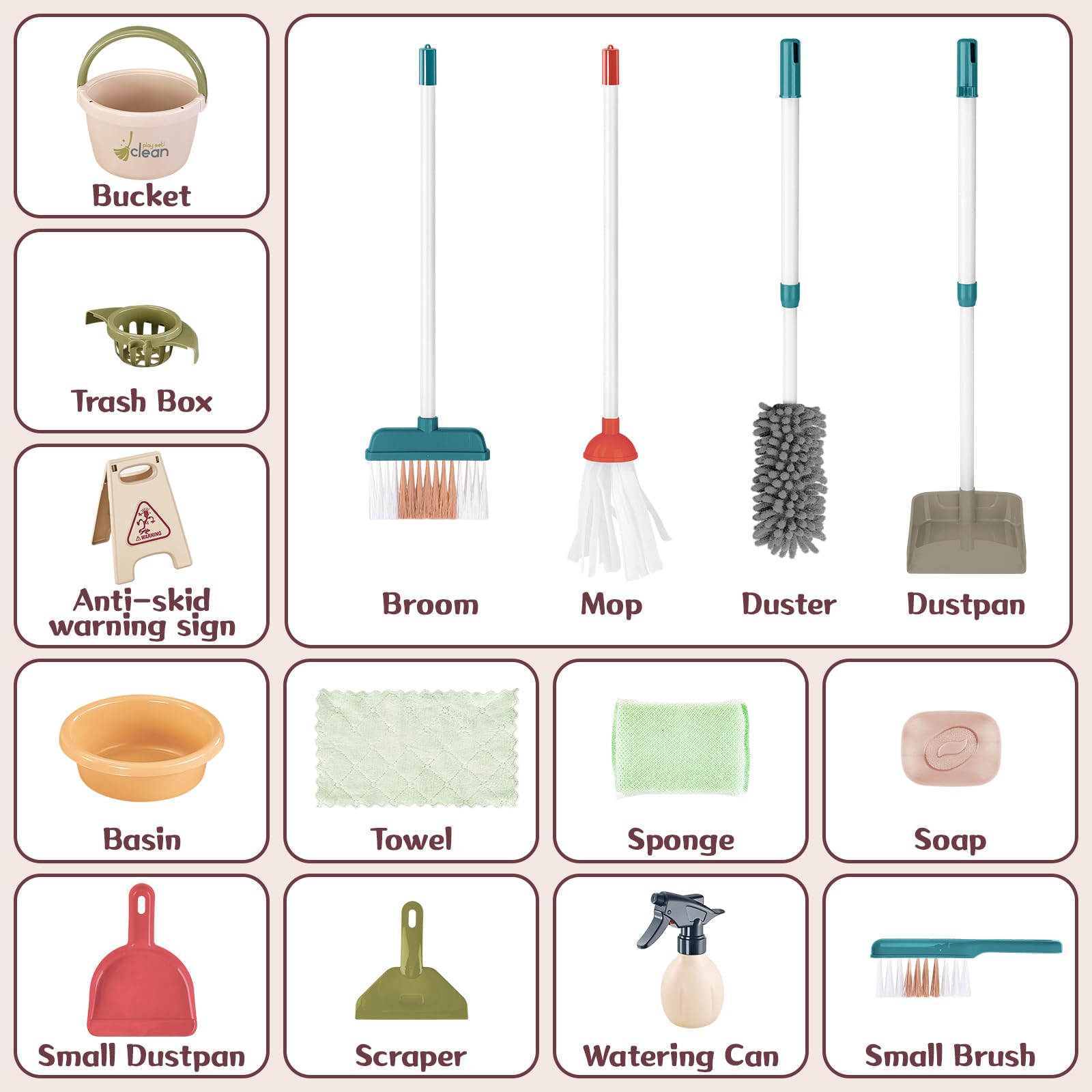 deAO Wózek do czyszczenia dla dzieci – zestaw do czyszczenia z mopem, wiadrem, miotłą, odkurzaczem, szczotką, szufelką, zamiatarką ręczną i wózkiem do czyszczenia – zabawka do czyszczenia dla dzieci