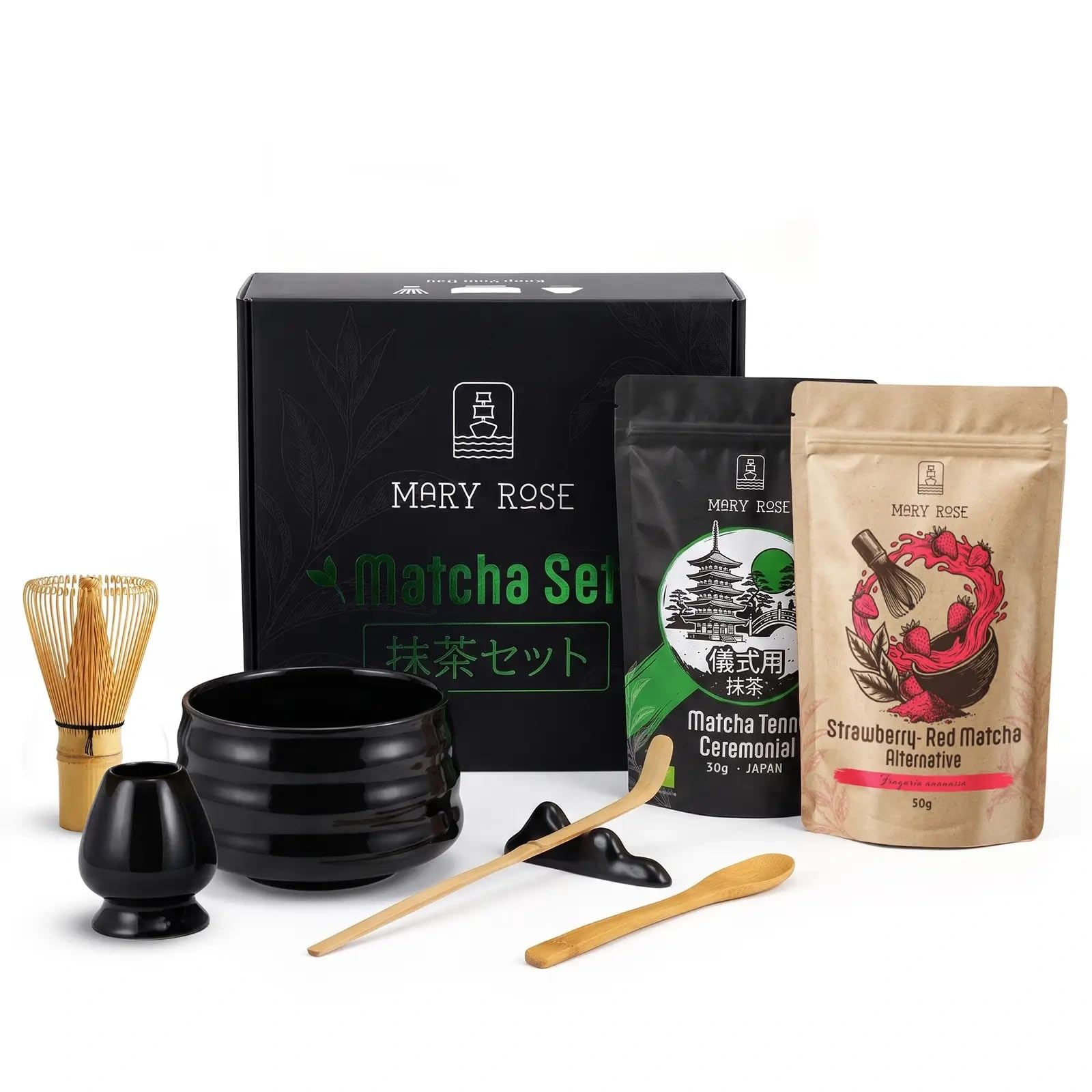 Mary Rose Matcha Tee Bio Zeremoniell Geschenkset 30g Erdbeere Pulver 50g