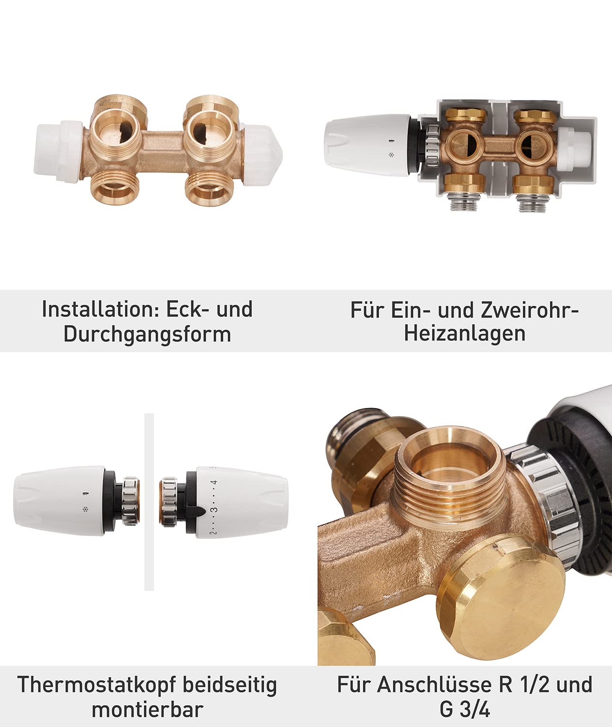 Heimeier Kompletny zestaw Multilux 4-częściowy z dolną częścią zaworu termostatu i głowicą termostatu DX, do montażu narożnego lub przelotowego, łączniki do grzejników R 1/2 i G 3/4, 27337 4