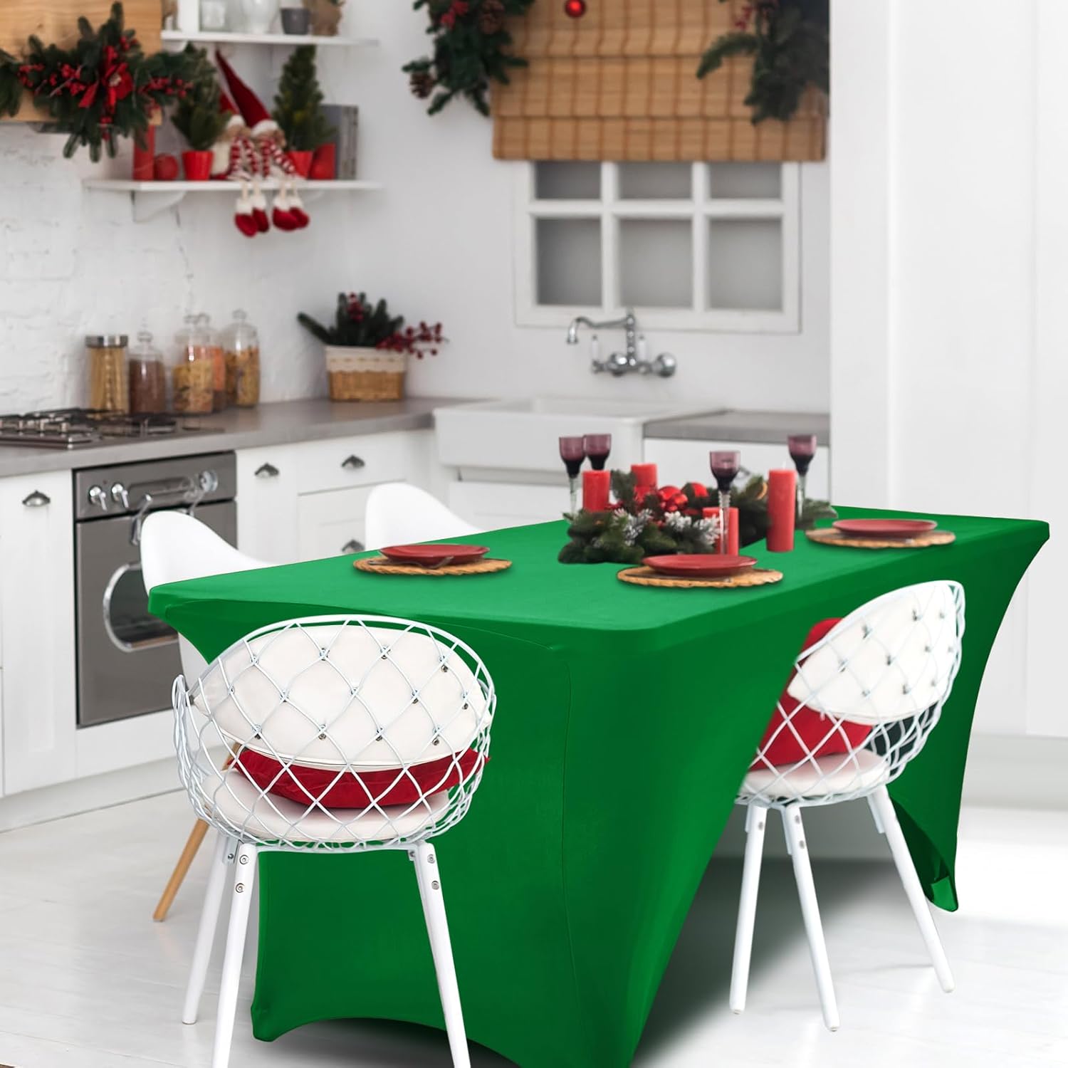 Preboun 6 Pack Christmas Spandex Table Covers Fitted Rectangular Tablecloth Red Green White Stretch Spandex Table Cover Washable Tablecloth for Kitchen Banquet Xmas Party Home Decoration(6 FT)