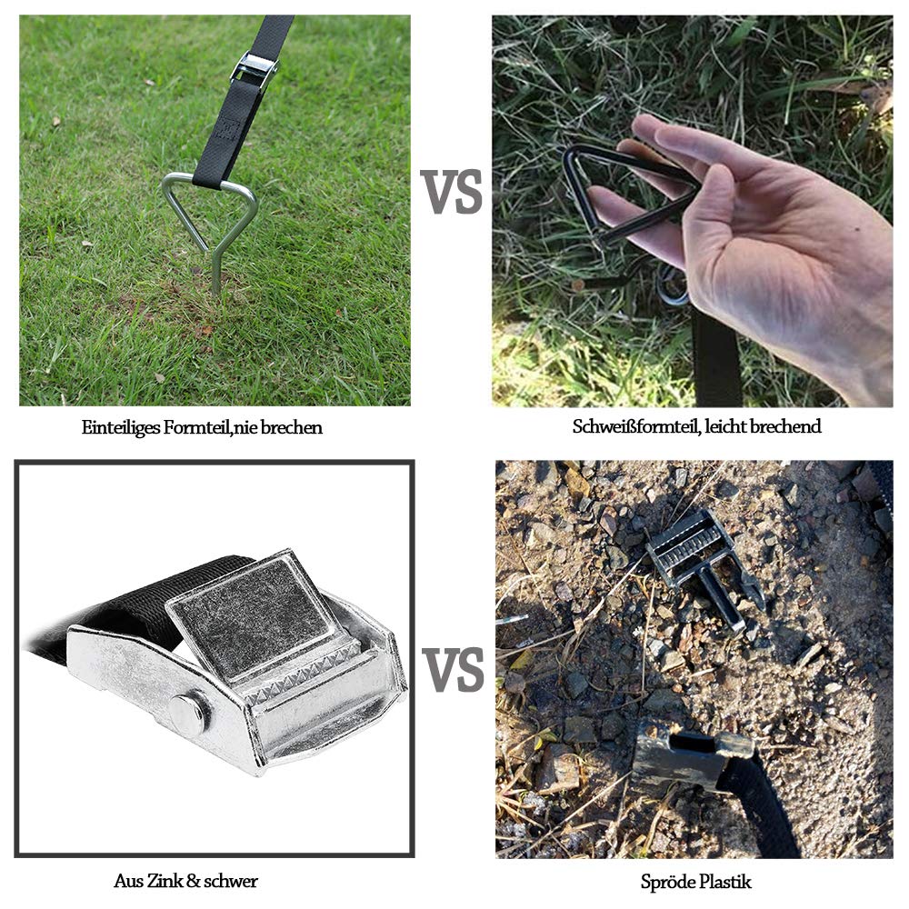 Set di 4 Picchetti di Fissaggio per Terreno Solidi da Trampolino Kit di Ancoraggio - Paletti in Acciaio Zincato Antiruggine da Trampolino Giardino Campo Altalena con 4 Cinghie Resistenti