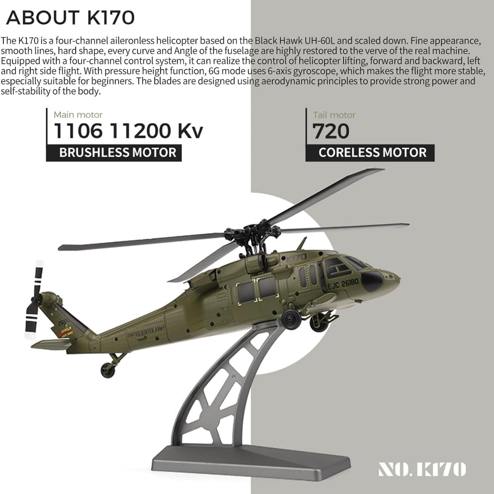 Generico Elicottero RC K170 UH60L per Adulti, Elicottero RC Militare con giroscopio a 6 Assi, Motore brushless, 2.4G 4CH, Volo stazionario in Quota con giroscopio per Adulti,1 Battery