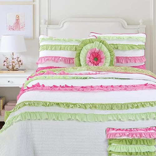 Cozy Line Home Fashions - Juego de ropa de cama reversible de 100 % algodón con volantes, color verde rosa, colcha (individual - 2 piezas 1 edredón