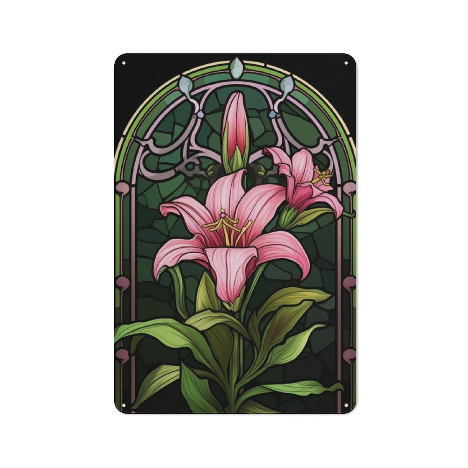 Stained Glass Lily Industrial Metal Sign 30x20cm, Modern Retro Loft Wall Plaque for Workspace, Cafe, Hallway Or Garage