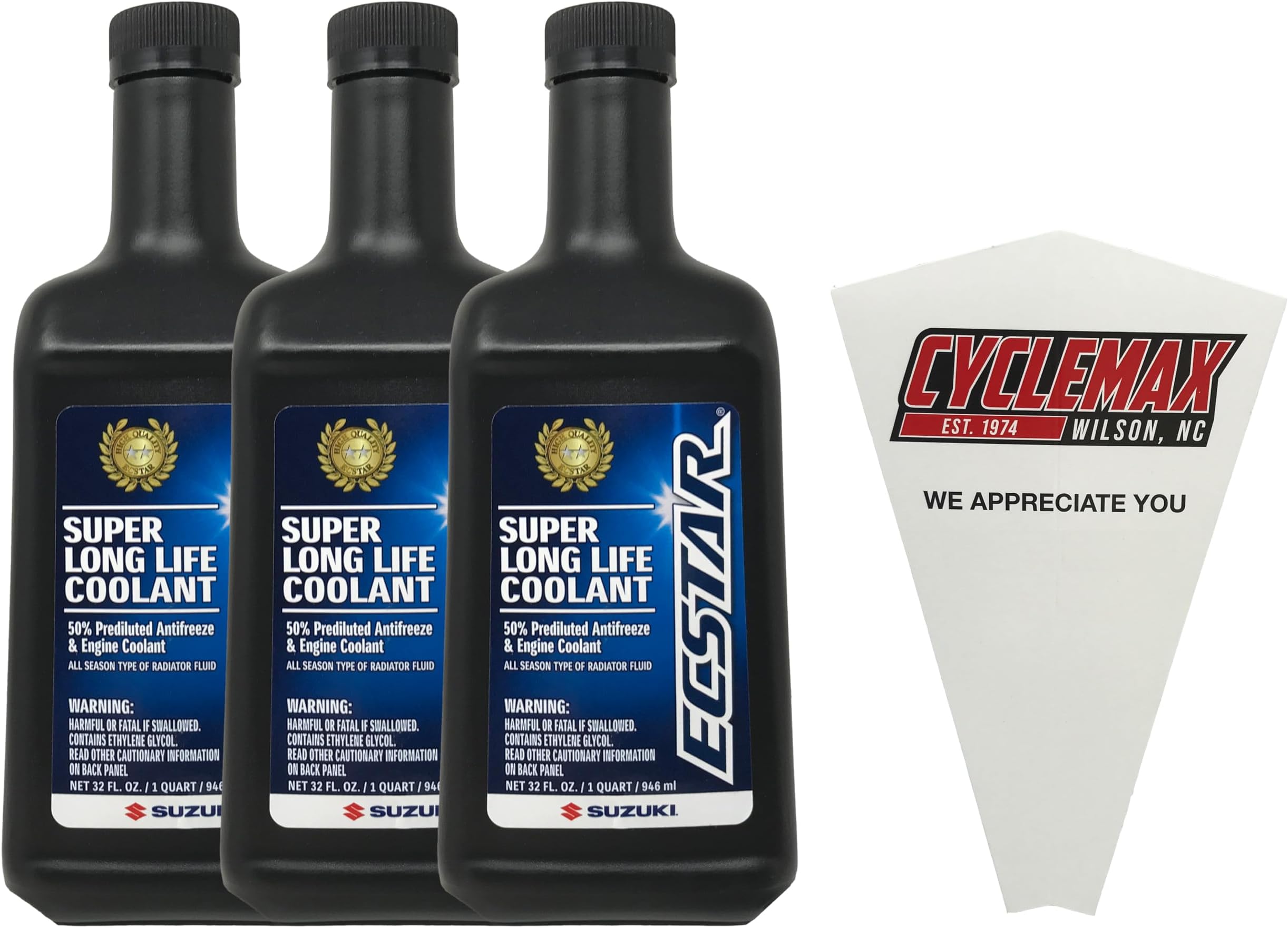 Three Pack Compatible with Suzuki Ecstar Super Long Life Coolant 990A0-02E00-01Q Contains Three Quarts and a Funnel
