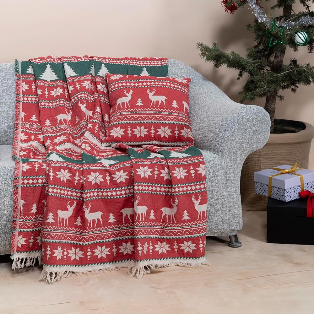 Christmas Throw Blanket & Pillow Cover Set – Cozy Cotton Holiday Décor, Reversible Festive Bedding & Sofa, Machine Washable Seasonal Home Decoration, Gift-Ready Packaging