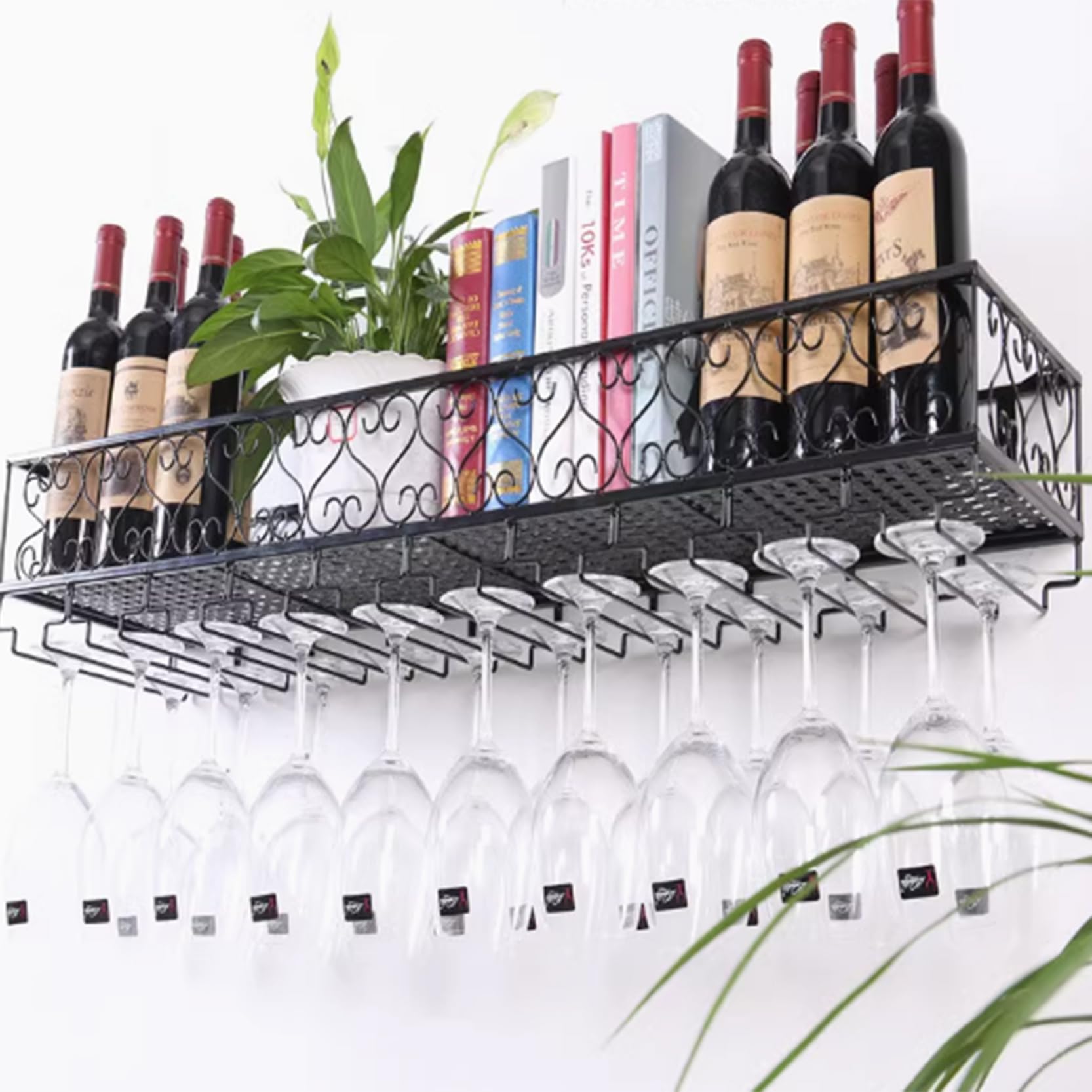 Casier à vin mural suspendu industriel, étagère flottante cuisine et porte-verre noir 100cm