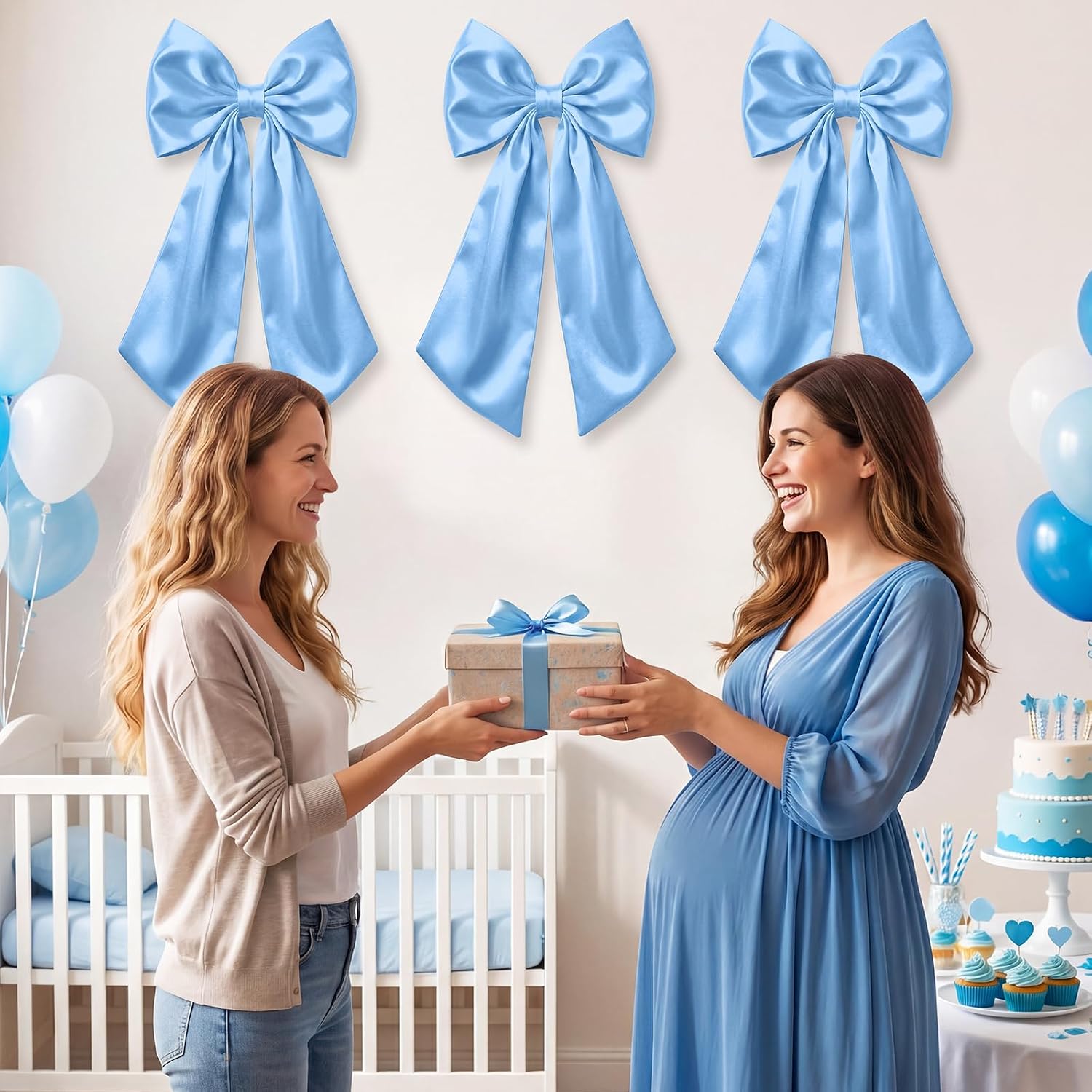 Suncalla 3 Pcs Large Baby Blue Bow Decor - 24 x 12 in Big Satin Bows as Crib Skirt Hanging Wall Decors for Baby Shower Nursery Bedding Wedding Coquette Birthday Backdrop Bridal Shower Party Supplies image 3