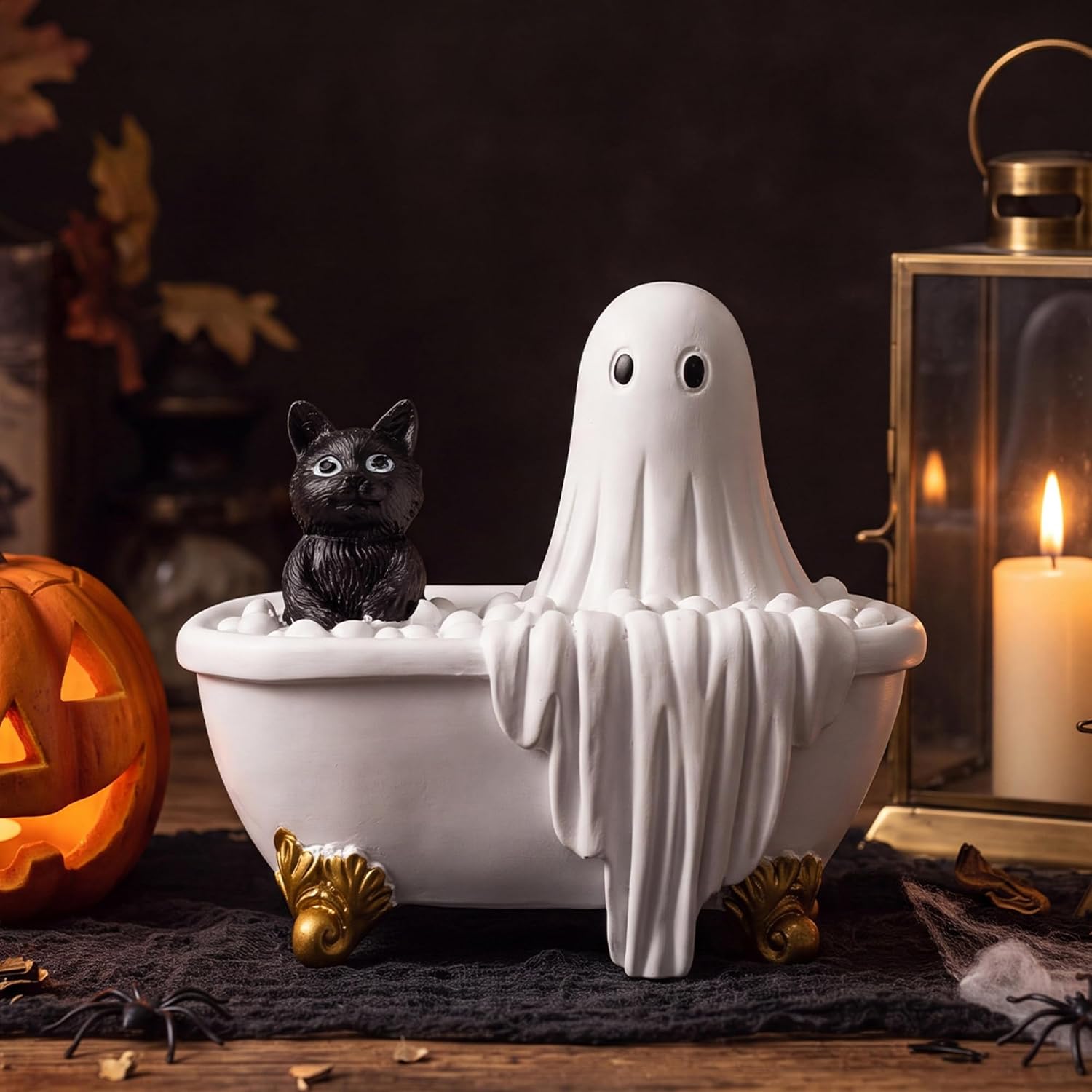 Threehoney Halloween Ghost Figurine Ghost Black Cat in Bathtub Decor