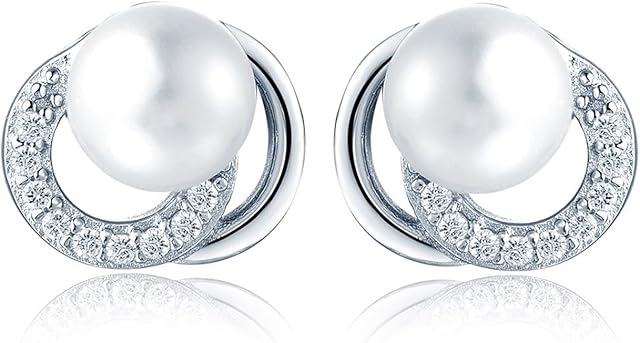 JO WISDOM Pearl Earrings, 925 Sterling Silver Cubic Zirconia Natural Freshwater Pearl Stud Earrings,Jewellery for Women