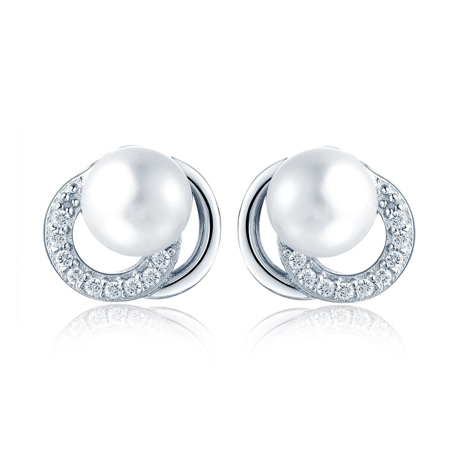 JO WISDOM pendientes perla plata 925 mujer con 7mm perla semi redonda de agua dulce circonita cúbica AAA