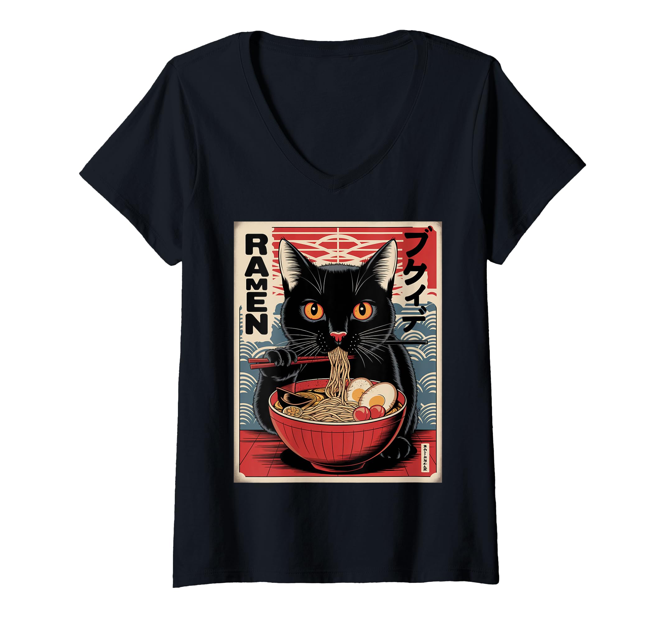 Womens Cat Ramen Japanese Funny Graphic, Kawaii Cat Anime, Kitten V-Neck T-Shirt