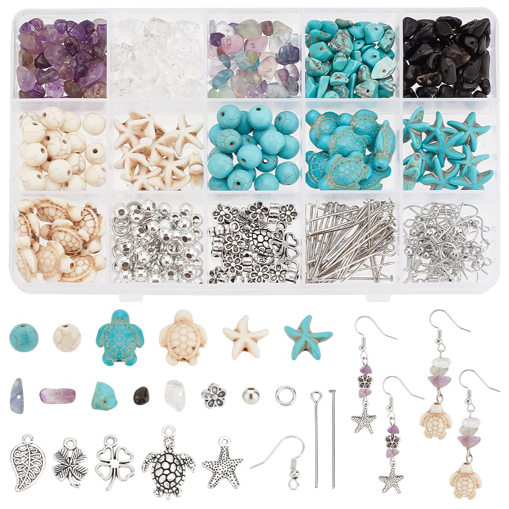 PH PandaHall 278pc Turquoise Turtle Beads Ocean Charms Jewellery Making Kit 50g Gemstone Chip Beads Starfish Seashell Pendants for Beach Necklace Earring Bracelet Anklet Making