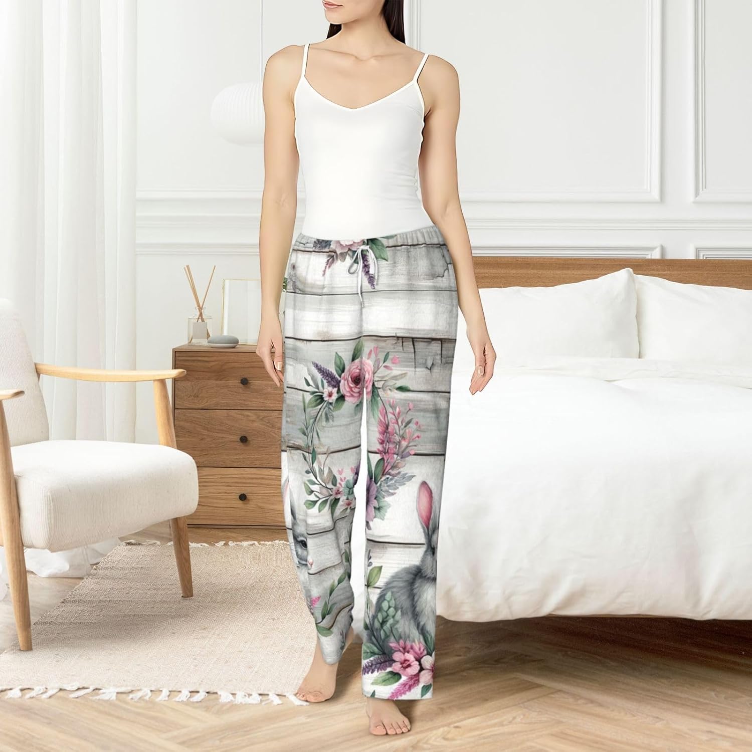 Women'S Vintage-Easter-Rabbits Fleece Pajama Pants, Cozy Flannel Lounge Bottoms For Women