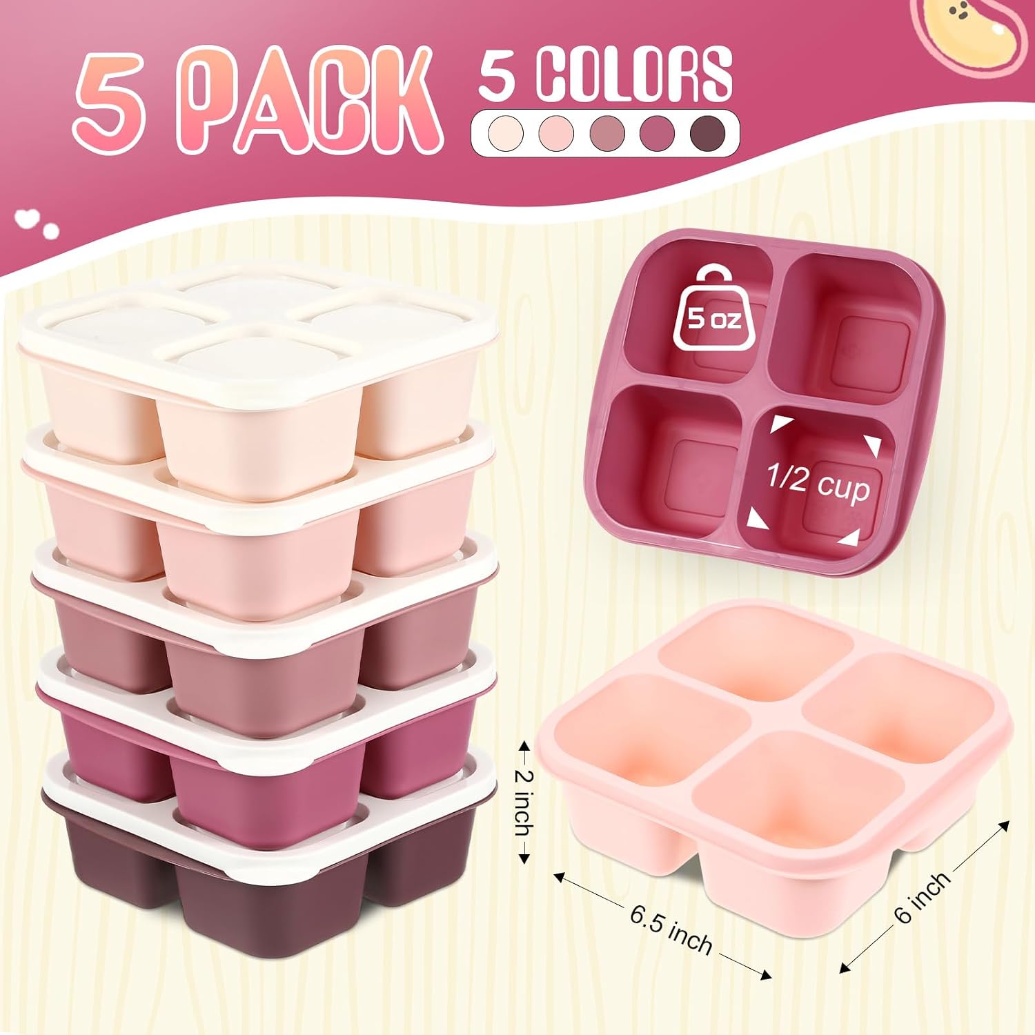 Honeydak 5 Pack 4 Compartment Lunch Box, Rose Red Ombre, Equal image 2