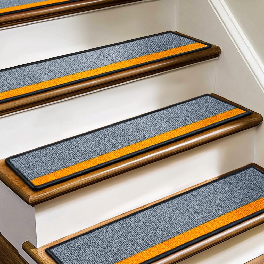 J JIMOO Stair Treads Non Slip for Wooden Steps, 15 PCS 8" X 30" Stair Carpet Runner Indoor with Extra Adhesive, Edging Staircase Rugs for Kids Pets Elders, Gray&Orange 8''x30'' Gray&orange 15