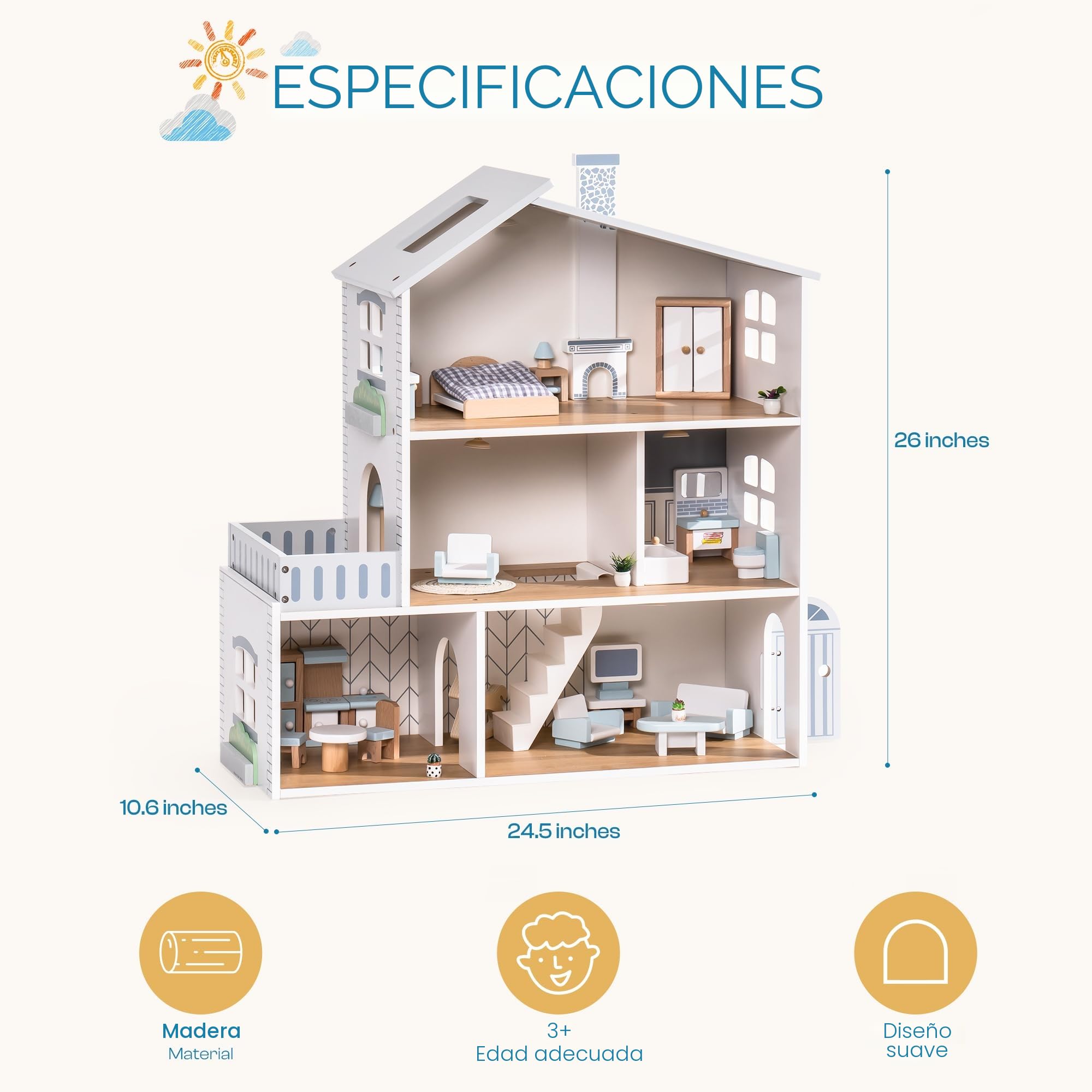 ROBUD Casa de muñecas de Madera, 3 Pisos, Incluye Muebles y escaleras, Juguete para niños a Partir de 3 años
