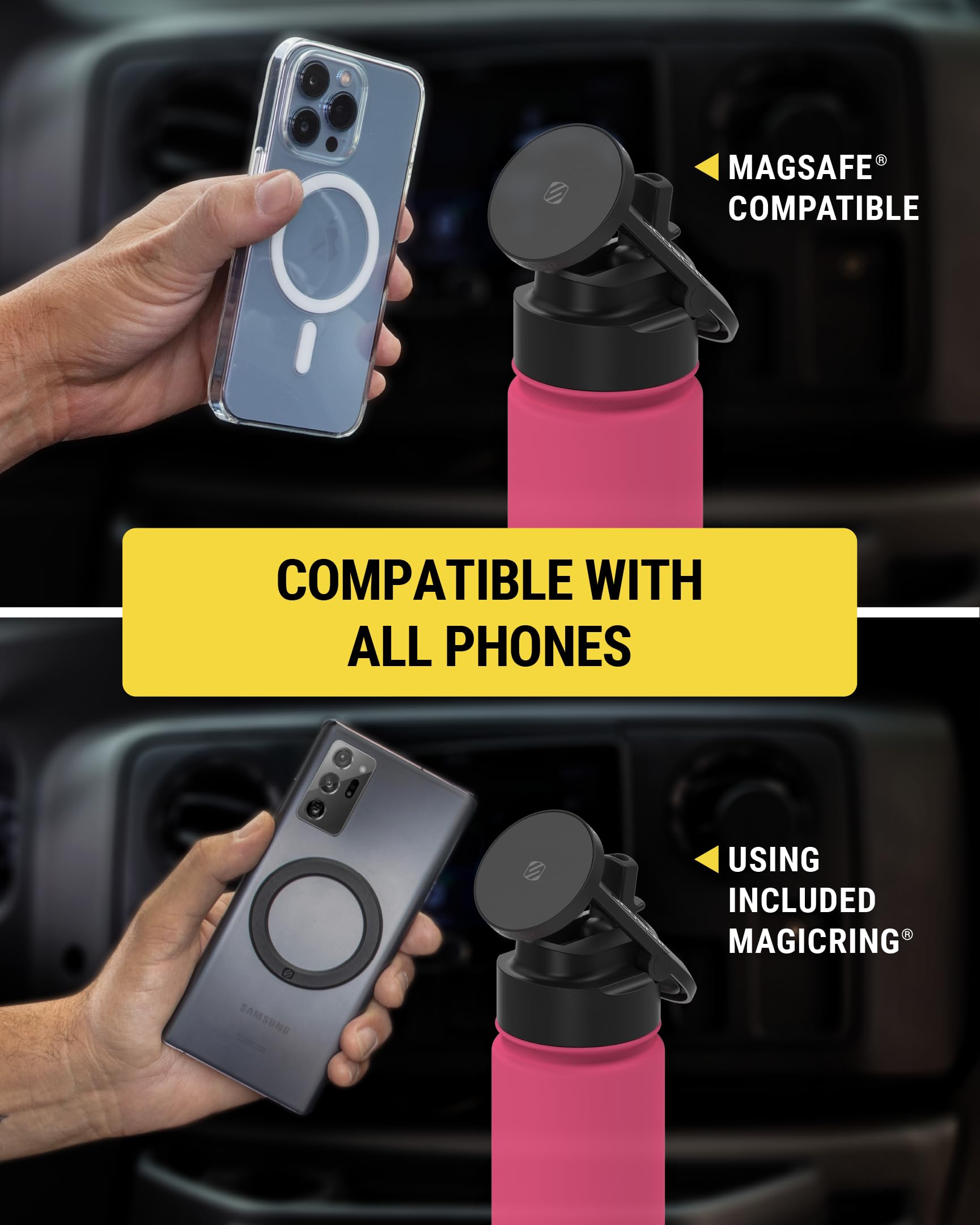 Scosche MFMS22 MagicMount - Borraccia in acciaio inox con supporto per telefono MagSafe, borraccia termica per caldo 12 ore e freddo 24 ore, con supporto magnetico per telefono, per palestra, auto