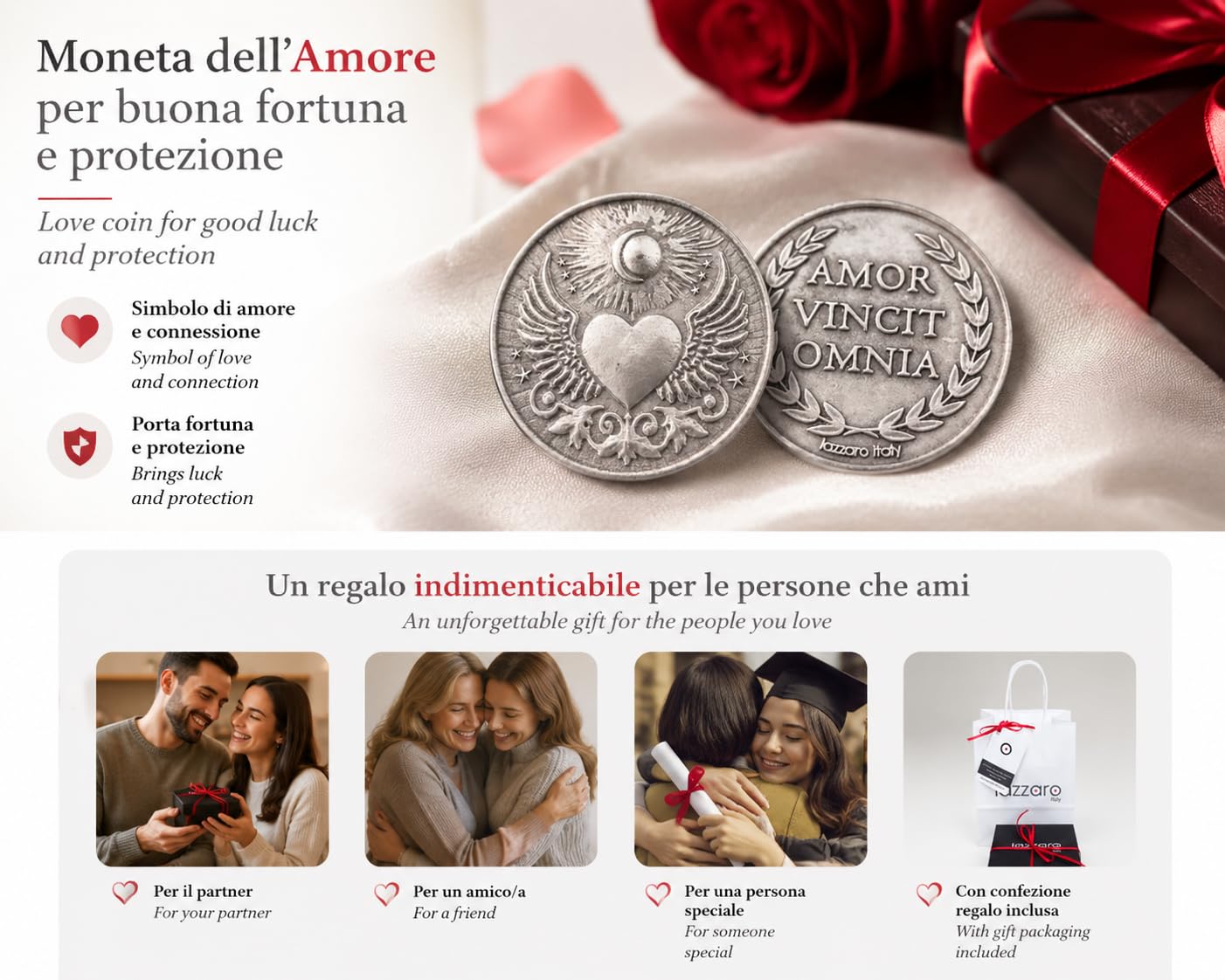 Pièce d’amour pour chance et protection: Amor Vincit Omnia. Idée cadeau femme, homme, maman, grands-parents, Saint-Valentin, anniversaires, occasions spéciales. Métal plaqué argent. Made in Italy