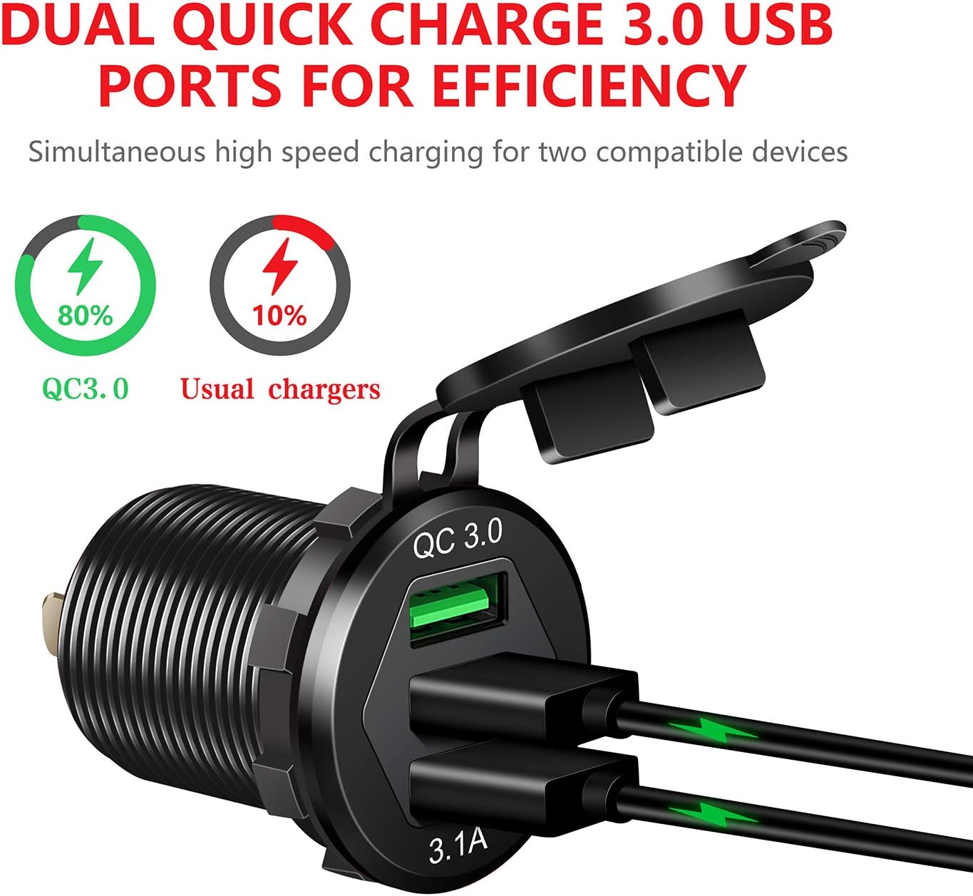 Quick Charge 3.0 Car Charger, 2-Pack 12V/24V 35W QC3.0/2.0 USB Charger Socket, 3 USB Power Outlet Fast Charge With Wire Fuse Aluminum for Car Boat Marine ATV Bus Truck Golf Cart and More