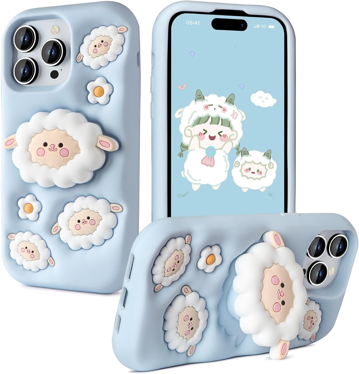 Case Creation for iPhone 15 Pro Max 3D Cartoon Sheep Flock Case,Full Protective Funda Trendy Cloud Animal Back Case with Holder Cute Soft Silicone Fashion Aesthetic Cover for Apple iPhone 15 Pro Max